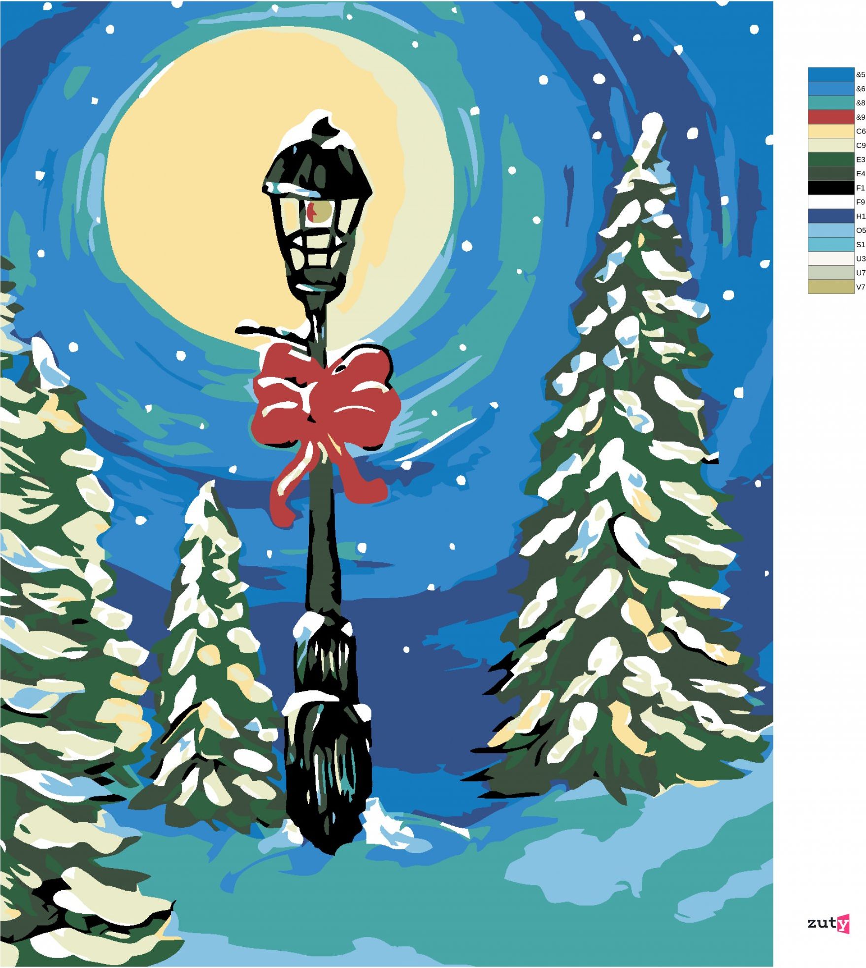 zuty Malování podle čísel - ZASNĚŽENÁ LAMPA MEZI STROMY - Rozměr: 40x50 cm, Rámování: Varianta: bez rámu a bez vypnutí plátna - obrázek 4