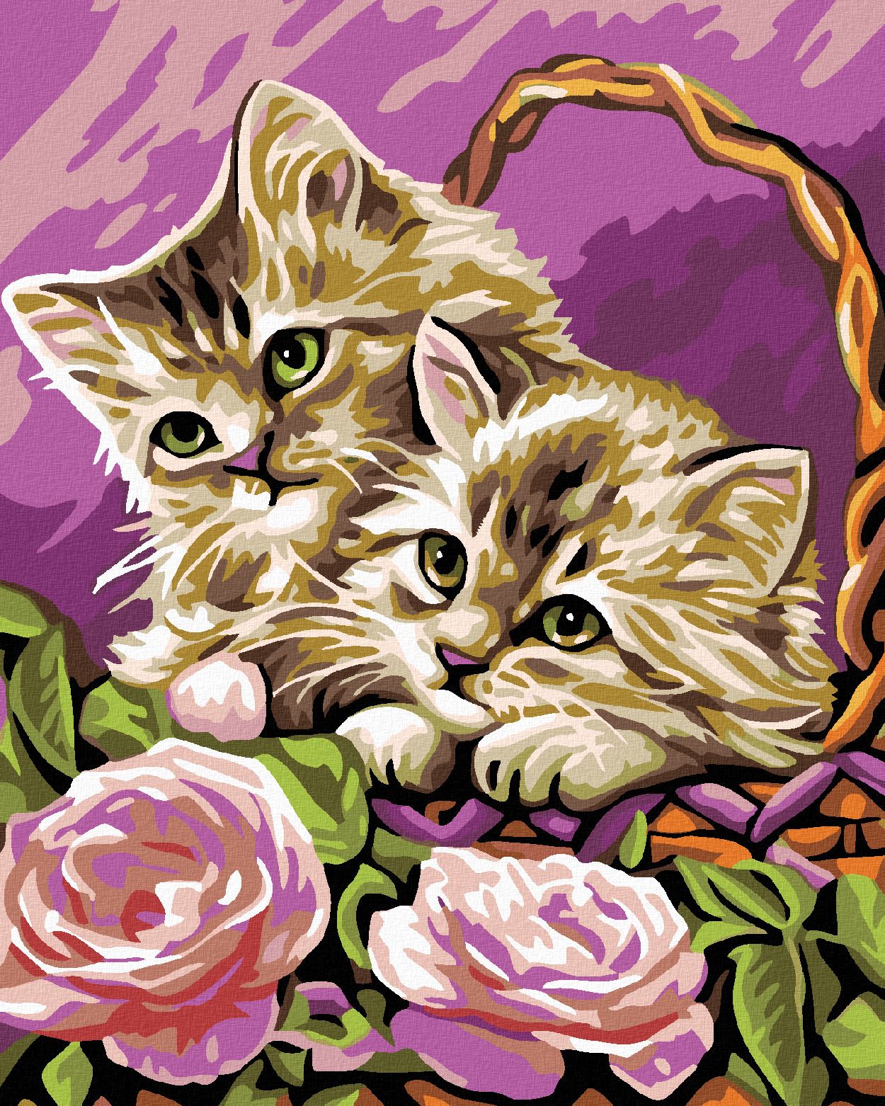 zuty Malování podle čísel - KOŤATA V KOŠÍKU A RŮŽOVÉ RŮŽE - Rozměr: 40x50 cm, Rámování: Varianta: vypnuté plátno na rám - obrázek 1