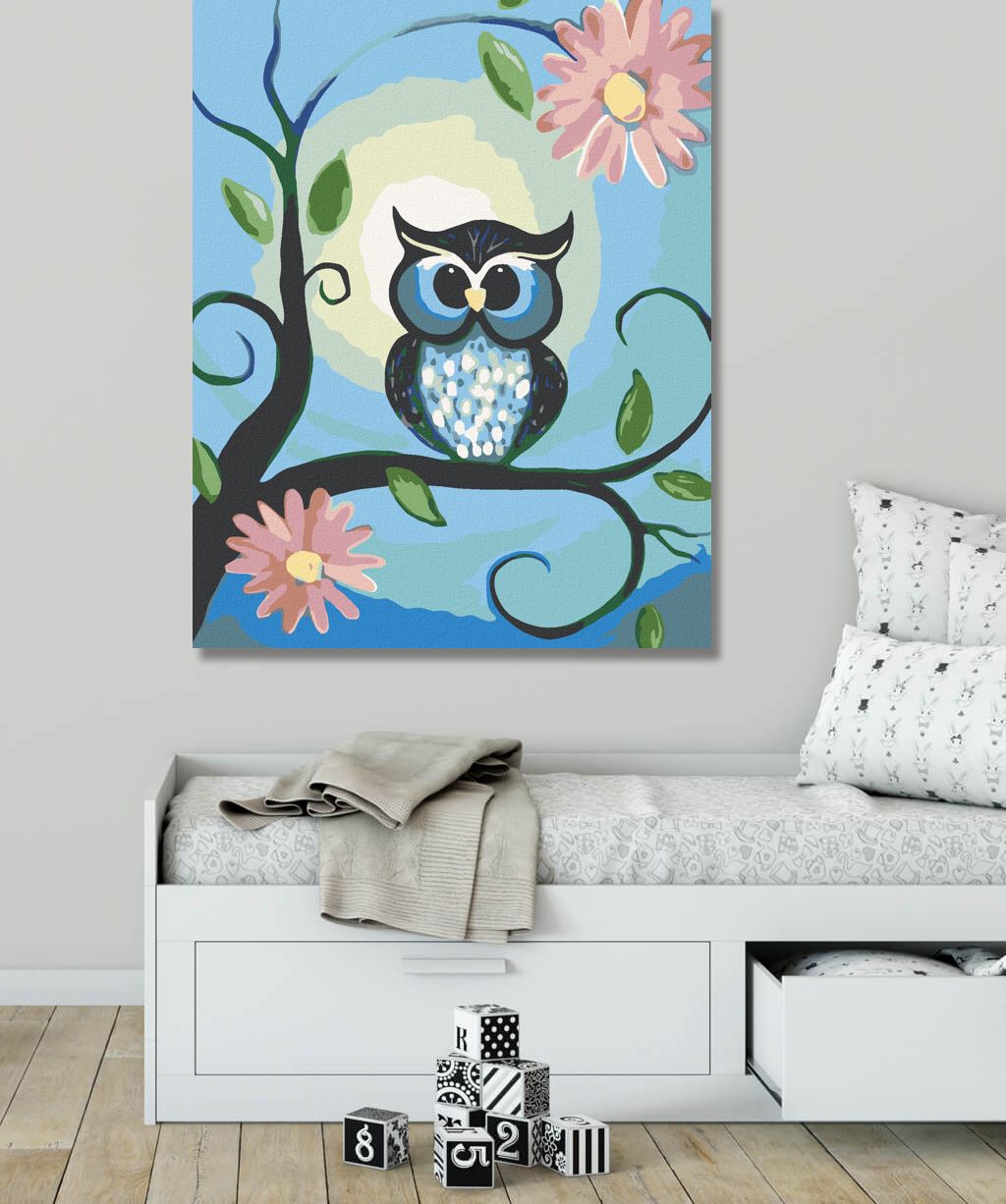 zuty Malování podle čísel - MODRÁ SOVIČKA A KVĚTINY - Rozměr: 40x50 cm, Rámování: Varianta: vypnuté plátno na rám - obrázek 2