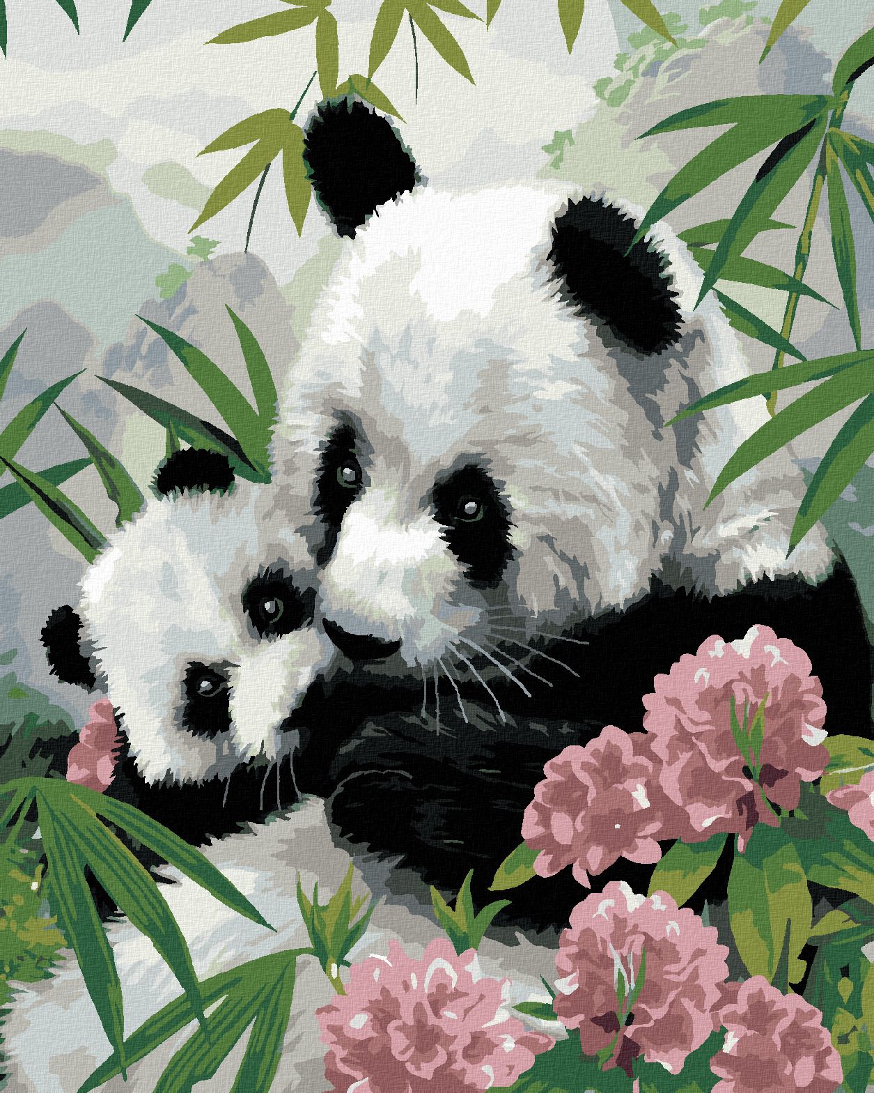 zuty Malování podle čísel - PANDA S MLÁDĚTEM A RŮŽOVÉ KVĚTY (HOWARD ROBINSON) - Rozměr: 40x50 cm, Rámování: Varianta: vypnuté plátno na rám - obrázek 1