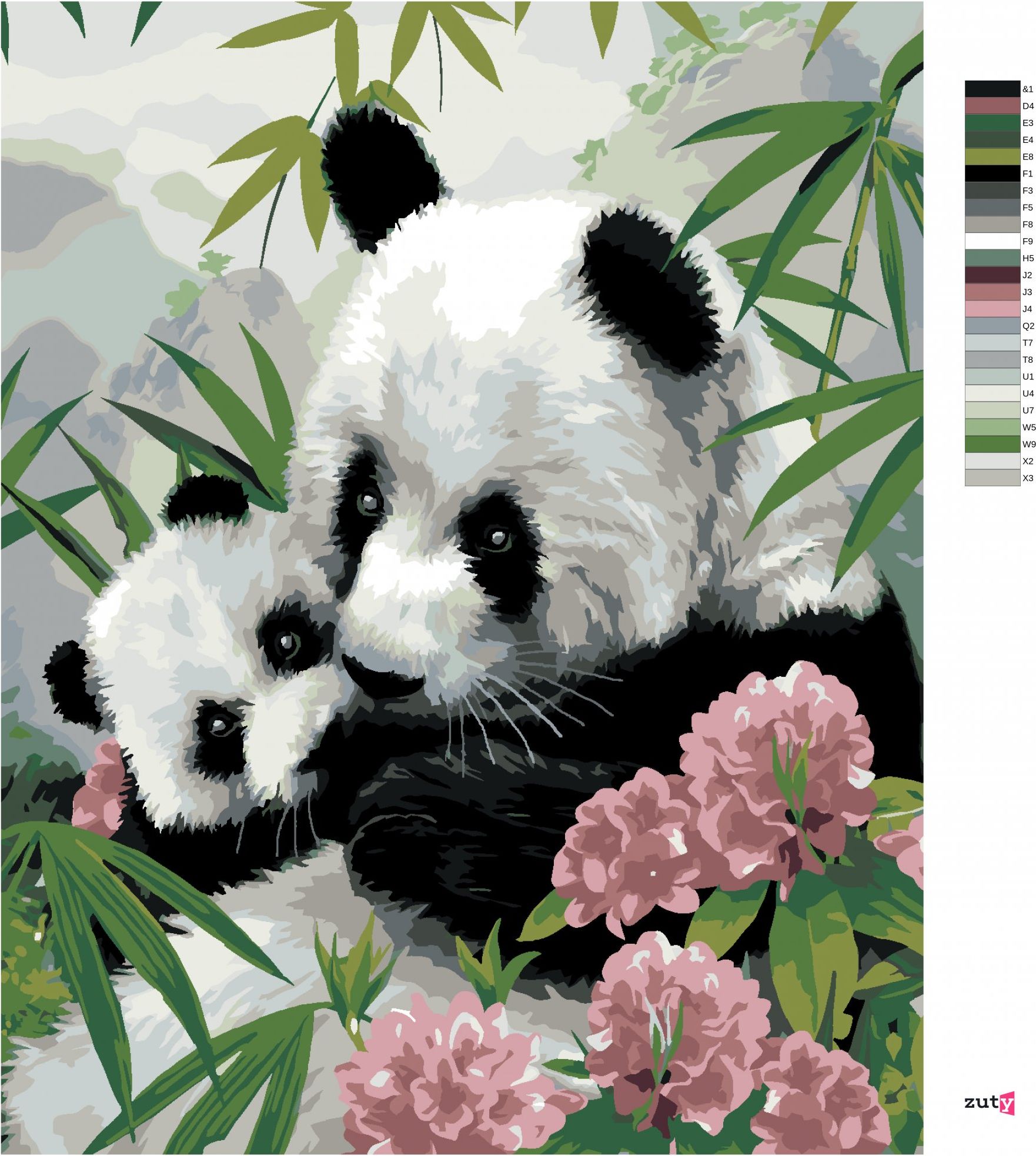 zuty Malování podle čísel - PANDA S MLÁDĚTEM A RŮŽOVÉ KVĚTY (HOWARD ROBINSON) - Rozměr: 40x50 cm, Rámování: Varianta: vypnuté plátno na rám - obrázek 3