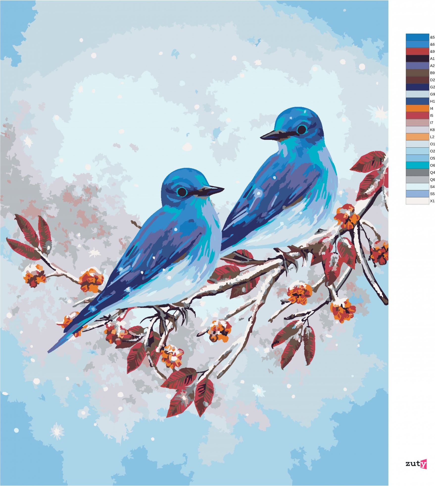 zuty Malování podle čísel - DVA MODŘÍ PTÁČCI NA VĚTVI - Rozměr: 40x50 cm, Rámování: Varianta: vypnuté plátno na rám - obrázek 4