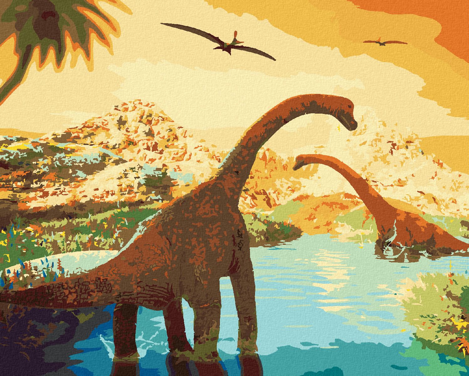 zuty Malování podle čísel - KRÁSNÁ KRAJINA S DINOSAURY - Rozměr: 40x50 cm, Rámování: Varianta: vypnuté plátno na rám - obrázek 1