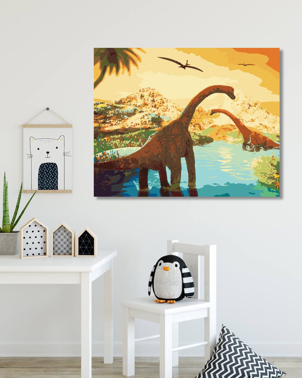zuty Malování podle čísel - KRÁSNÁ KRAJINA S DINOSAURY - Rozměr: 40x50 cm, Rámování: Varianta: vypnuté plátno na rám - obrázek 2