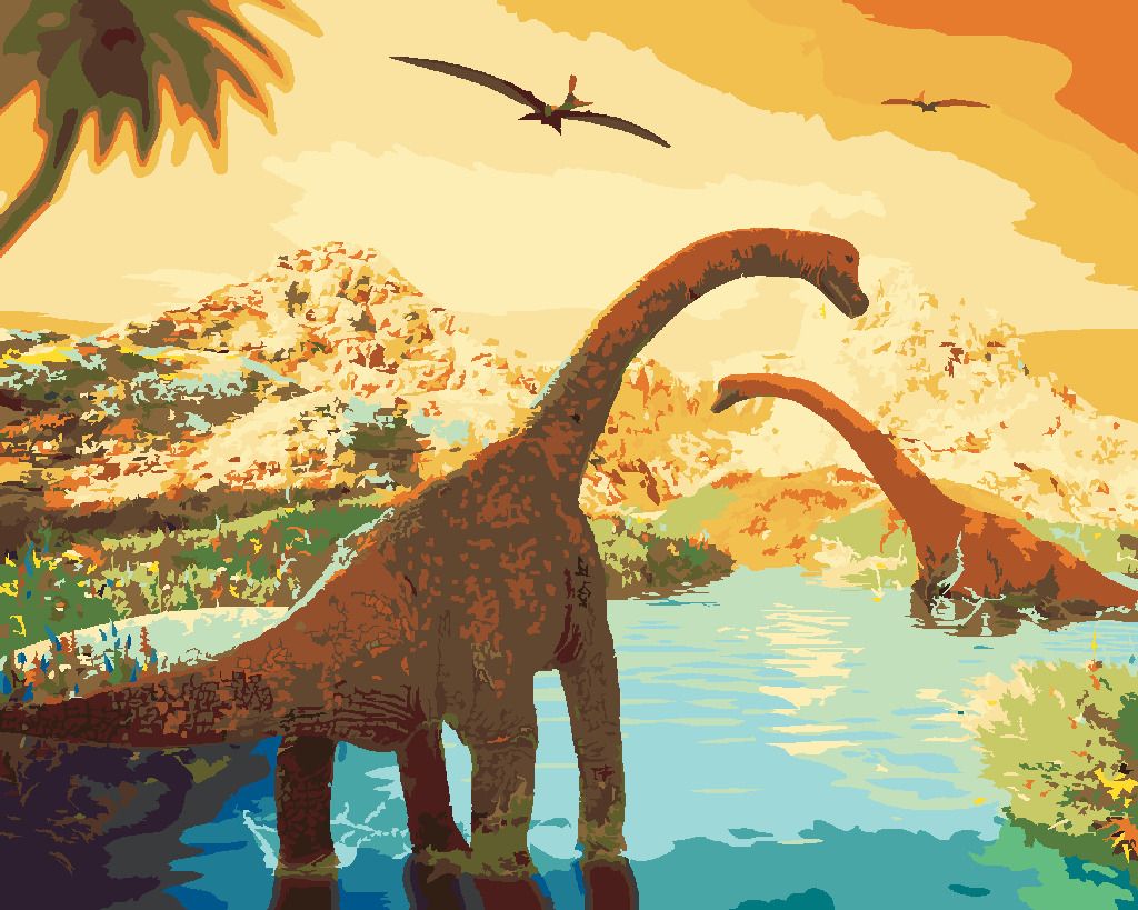 zuty Malování podle čísel - KRÁSNÁ KRAJINA S DINOSAURY - Rozměr: 40x50 cm, Rámování: Varianta: vypnuté plátno na rám - obrázek 7