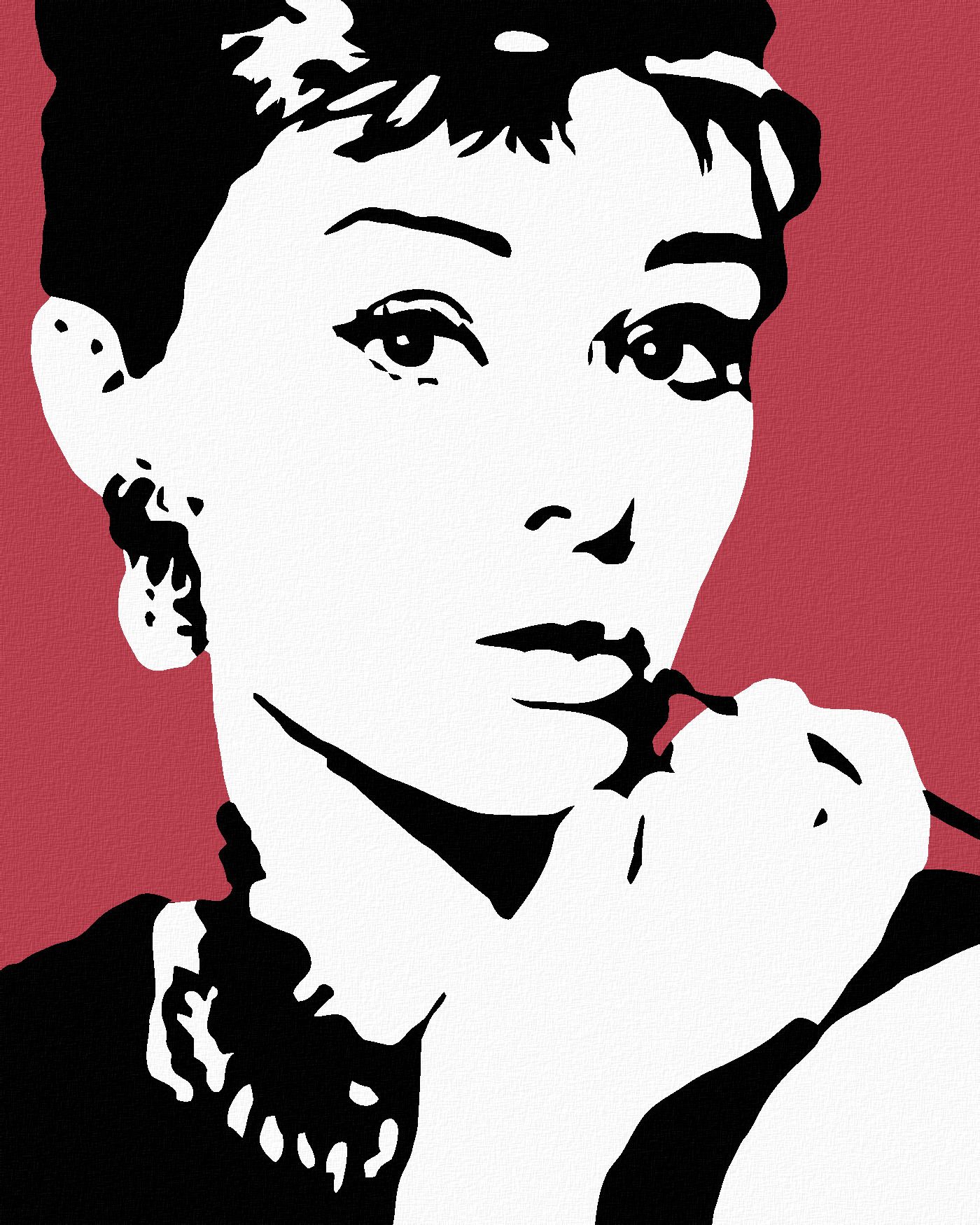zuty Malování podle čísel - AUDREY HEPBURN NA ČERVENÉM POZADÍ - Rozměr: 40x50 cm, Rámování: Varianta: bez rámu a bez vypnutí plátna - obrázek 1