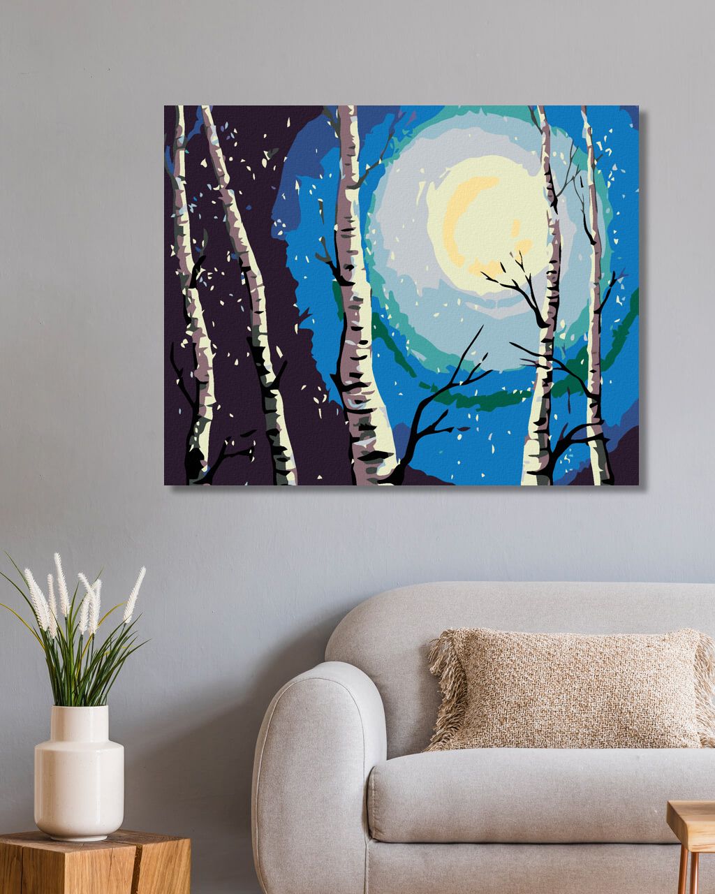 zuty Malování podle čísel - BŘÍZY, MĚSÍC A PADAJÍCÍ SNÍH - Rozměr: 40x50 cm, Rámování: Varianta: vypnuté plátno na rám - obrázek 2
