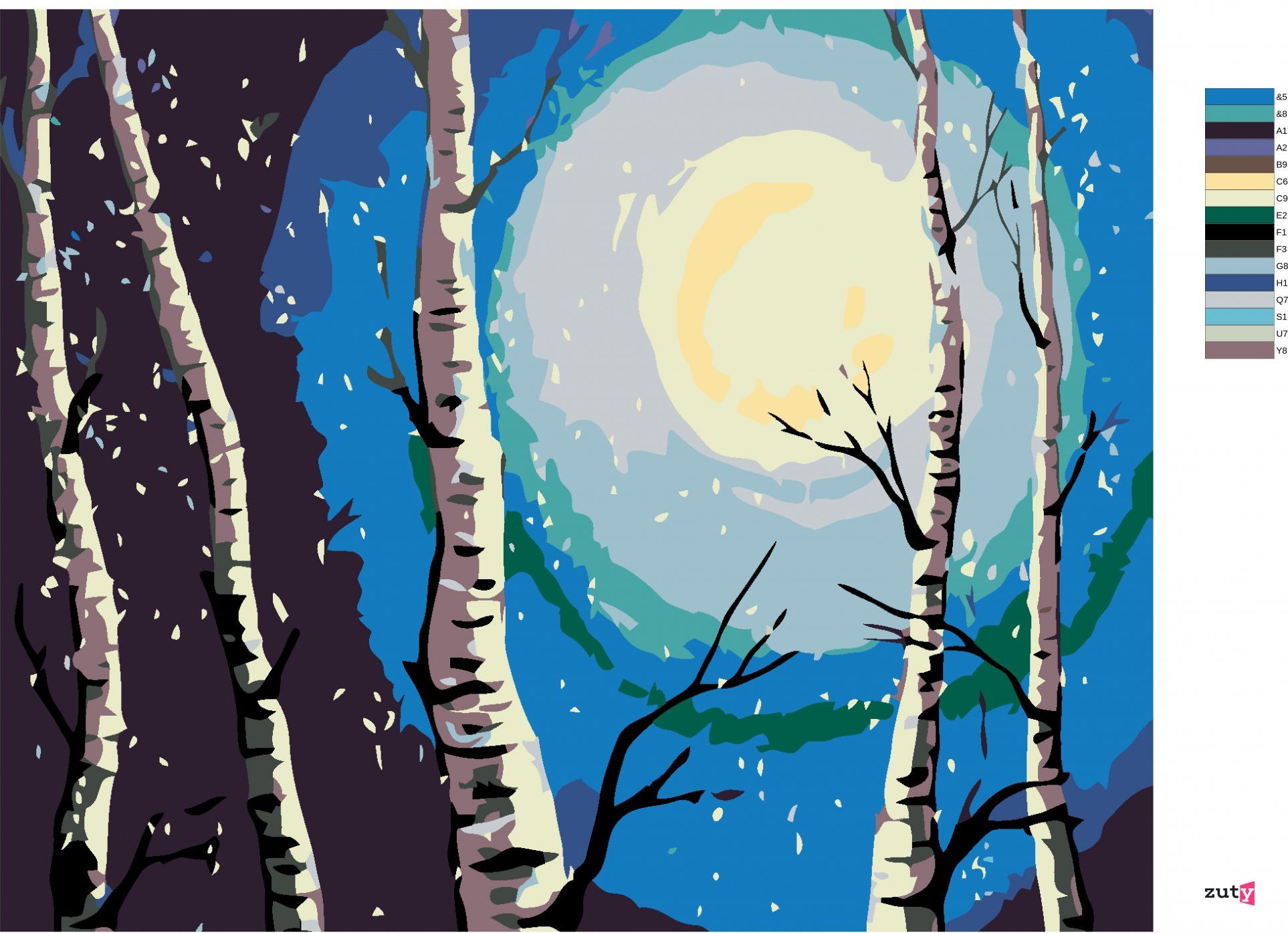 zuty Malování podle čísel - BŘÍZY, MĚSÍC A PADAJÍCÍ SNÍH - Rozměr: 40x50 cm, Rámování: Varianta: vypnuté plátno na rám - obrázek 7