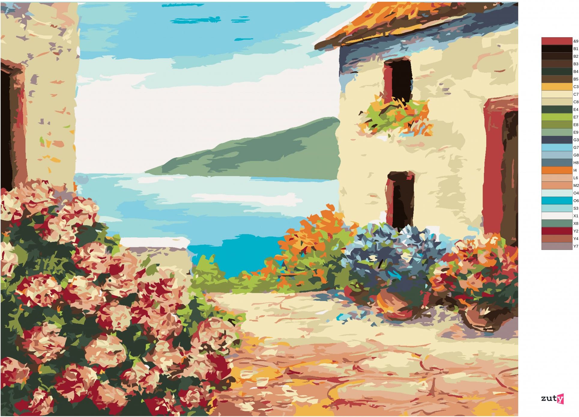zuty Malování podle čísel - DŮM U MOŘE A KVĚTINY - Rozměr: 40x50 cm, Rámování: Varianta: bez rámu a bez vypnutí plátna - obrázek 2