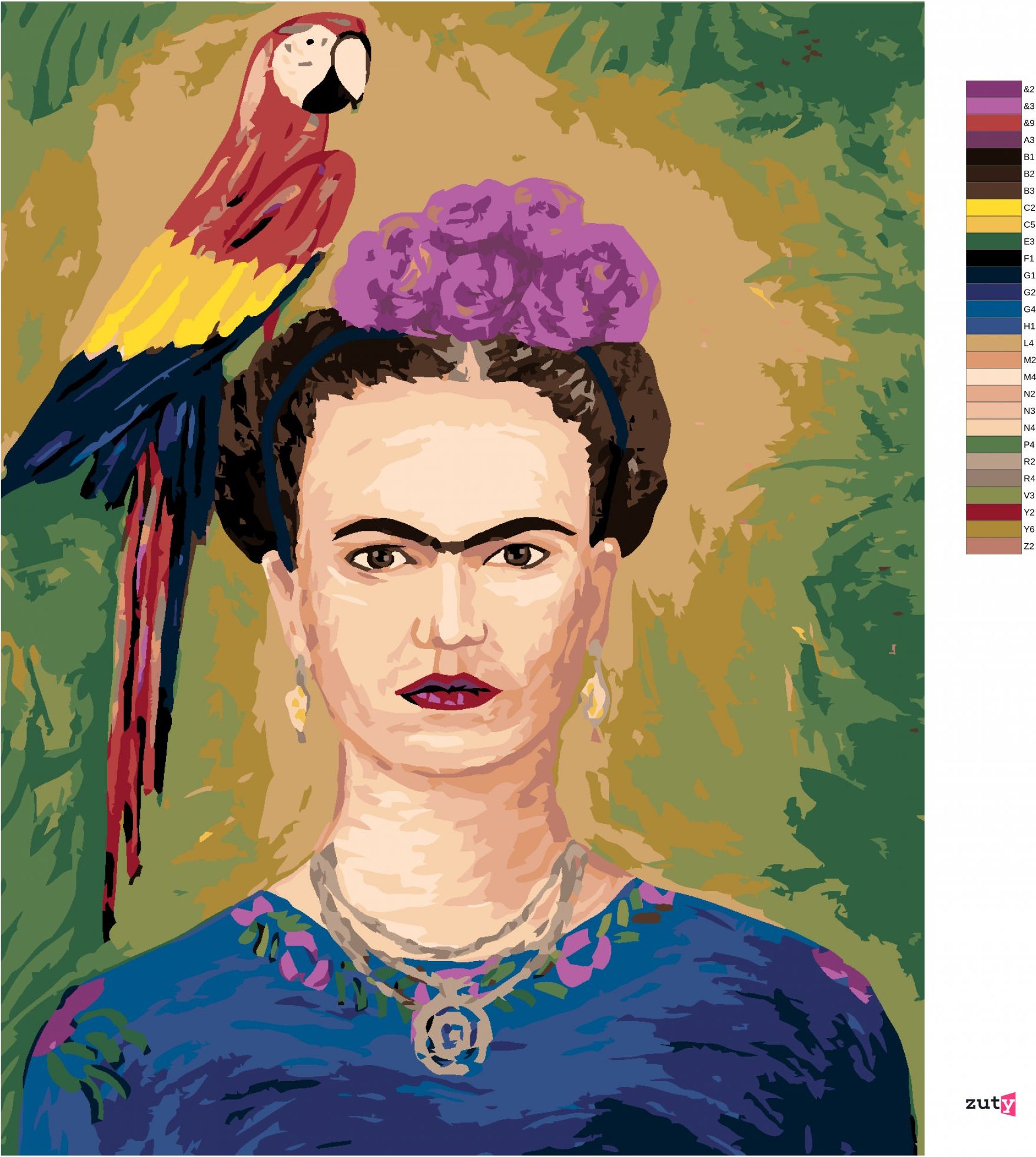 zuty Malování podle čísel - FRIDA KAHLO A PAPOUŠEK - Rozměr: 40x50 cm, Rámování: Varianta: bez rámu a bez vypnutí plátna - obrázek 8