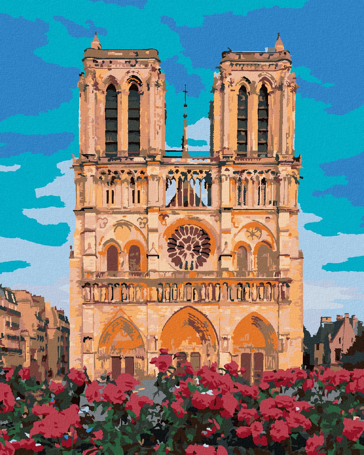 zuty Malování podle čísel - NOTRE DAME V PAŘÍŽI A ČERVENÉ KVĚTINY - Rozměr: 40x50 cm, Rámování: Varianta: vypnuté plátno na rám - obrázek 1