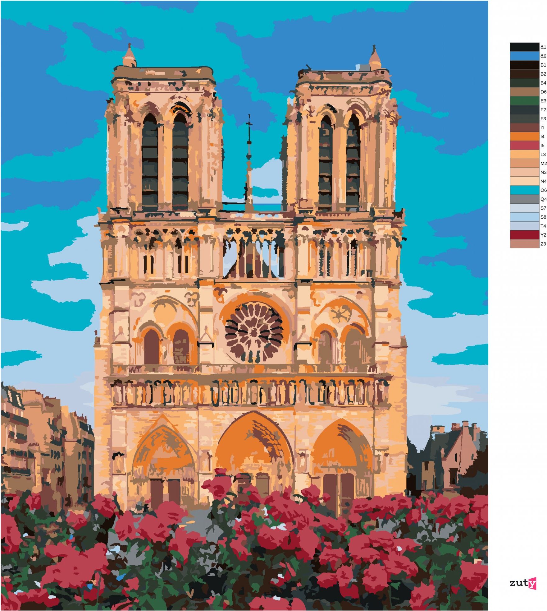 zuty Malování podle čísel - NOTRE DAME V PAŘÍŽI A ČERVENÉ KVĚTINY - Rozměr: 40x50 cm, Rámování: Varianta: vypnuté plátno na rám - obrázek 2