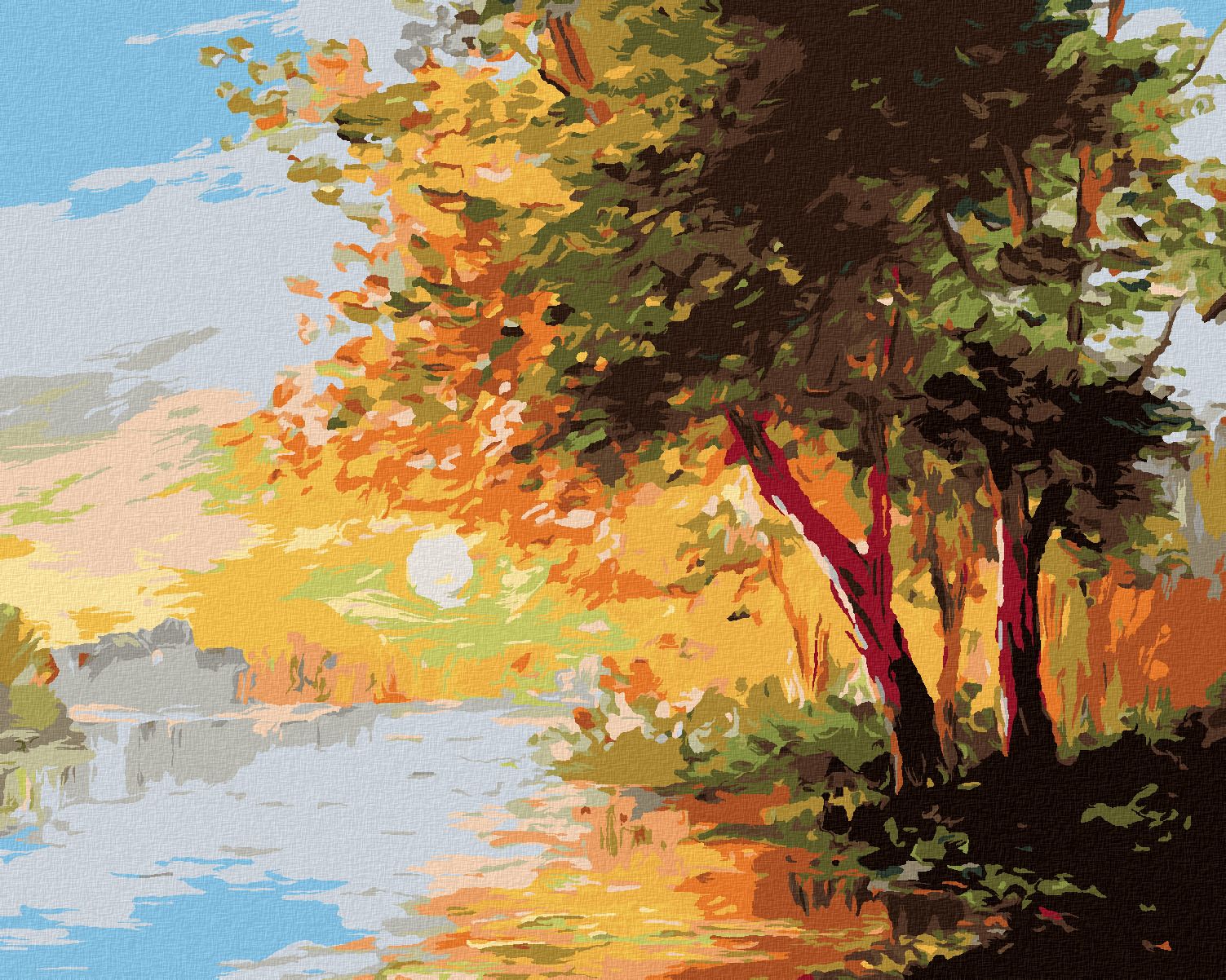zuty Malování podle čísel - ŘEKA V JARNÍM LESE A ZÁPAD SLUNCE - Rozměr: 40x50 cm, Rámování: Varianta: bez rámu a bez vypnutí plátna - obrázek 1