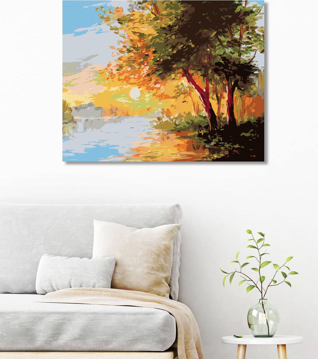 zuty Malování podle čísel - ŘEKA V JARNÍM LESE A ZÁPAD SLUNCE - Rozměr: 40x50 cm, Rámování: Varianta: bez rámu a bez vypnutí plátna - obrázek 3