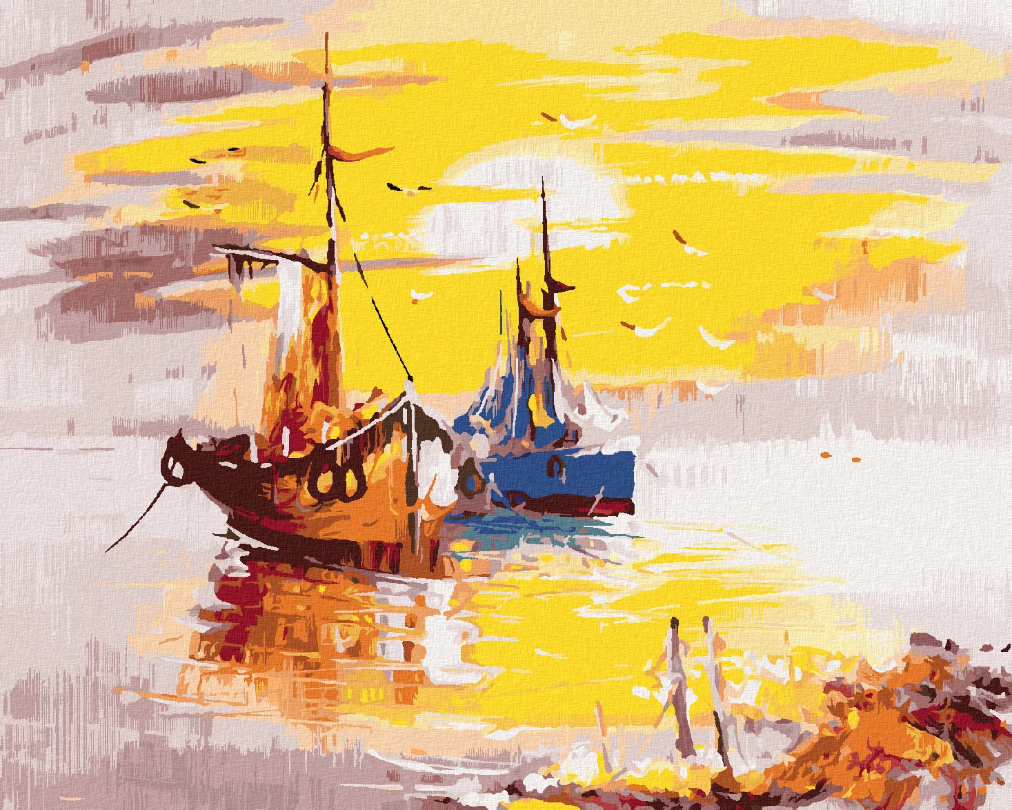 zuty Malování podle čísel - MALOVANÉ LODĚ A ZÁPAD SLUNCE - Rozměr: 40x50 cm, Rámování: Varianta: vypnuté plátno na rám - obrázek 1