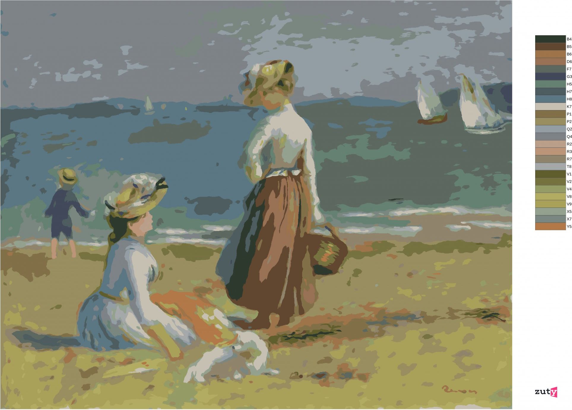 zuty Malování podle čísel - POSTAVY NA PLÁŽI (A. RENOIR) - Rozměr: 40x50 cm, Rámování: Varianta: bez rámu a bez vypnutí plátna - obrázek 6