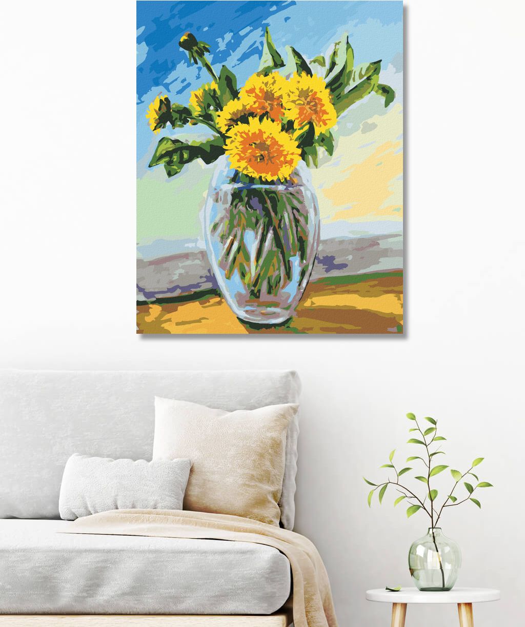 zuty Malování podle čísel - PAMPELIŠKY VE SKLENĚNÉ VÁZE - Rozměr: 40x50 cm, Rámování: Varianta: bez rámu a bez vypnutí plátna - obrázek 4