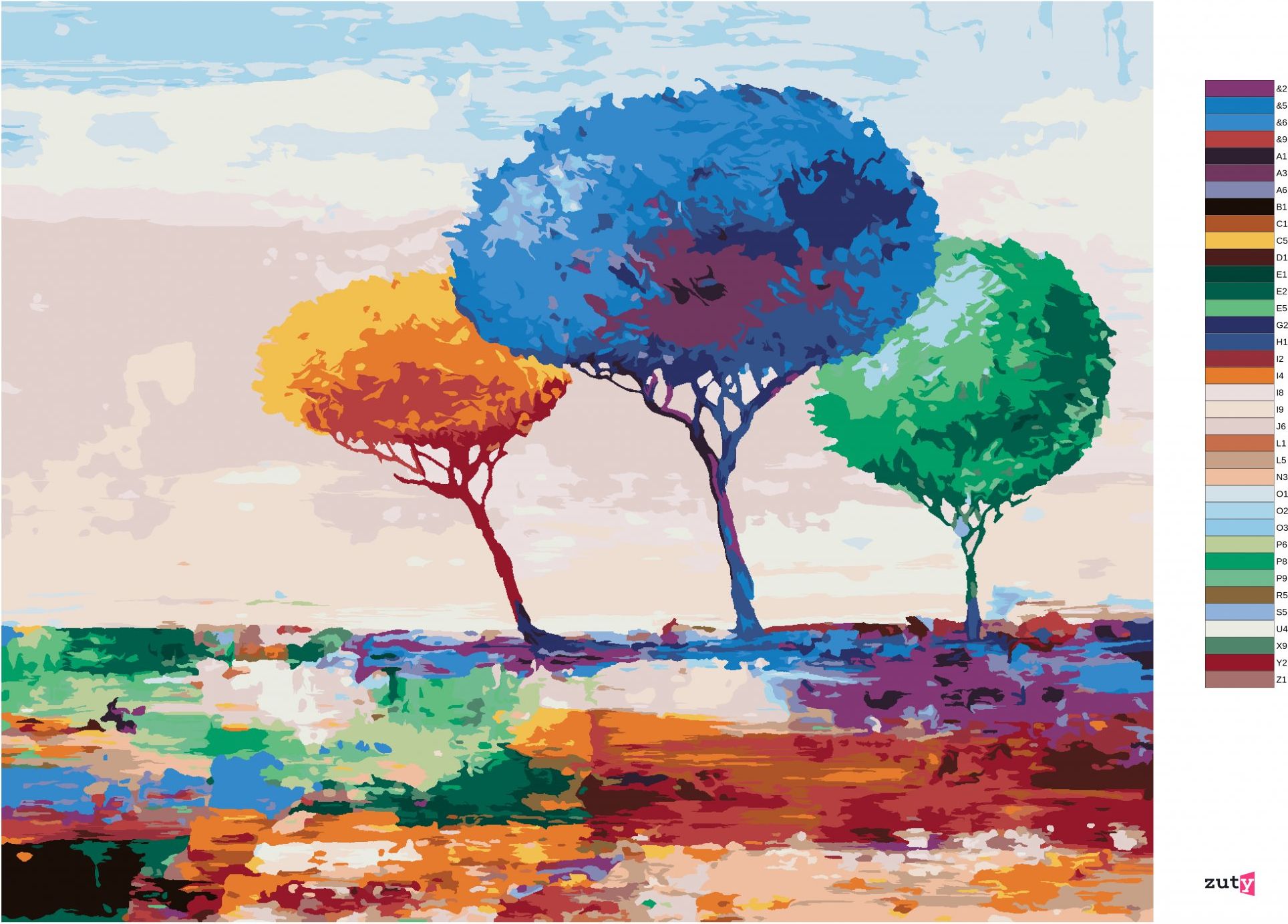 zuty Malování podle čísel - TŘI BAREVNÉ STROMY - Rozměr: 40x50 cm, Rámování: Varianta: bez rámu a bez vypnutí plátna - obrázek 7