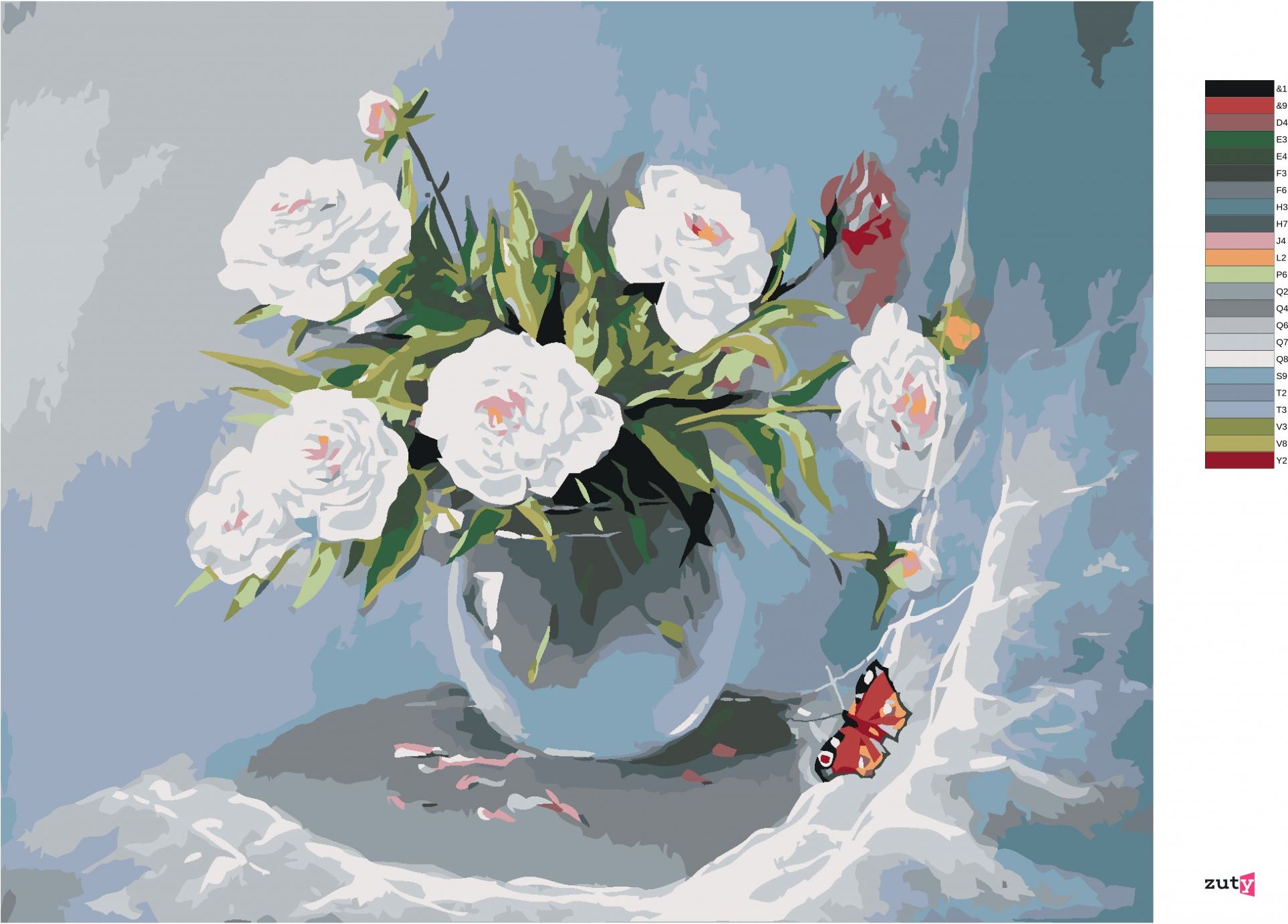 zuty Malování podle čísel - BÍLÉ KVĚTINY VE VÁZE A MOTÝL - Rozměr: 40x50 cm, Rámování: Varianta: vypnuté plátno na rám - obrázek 5