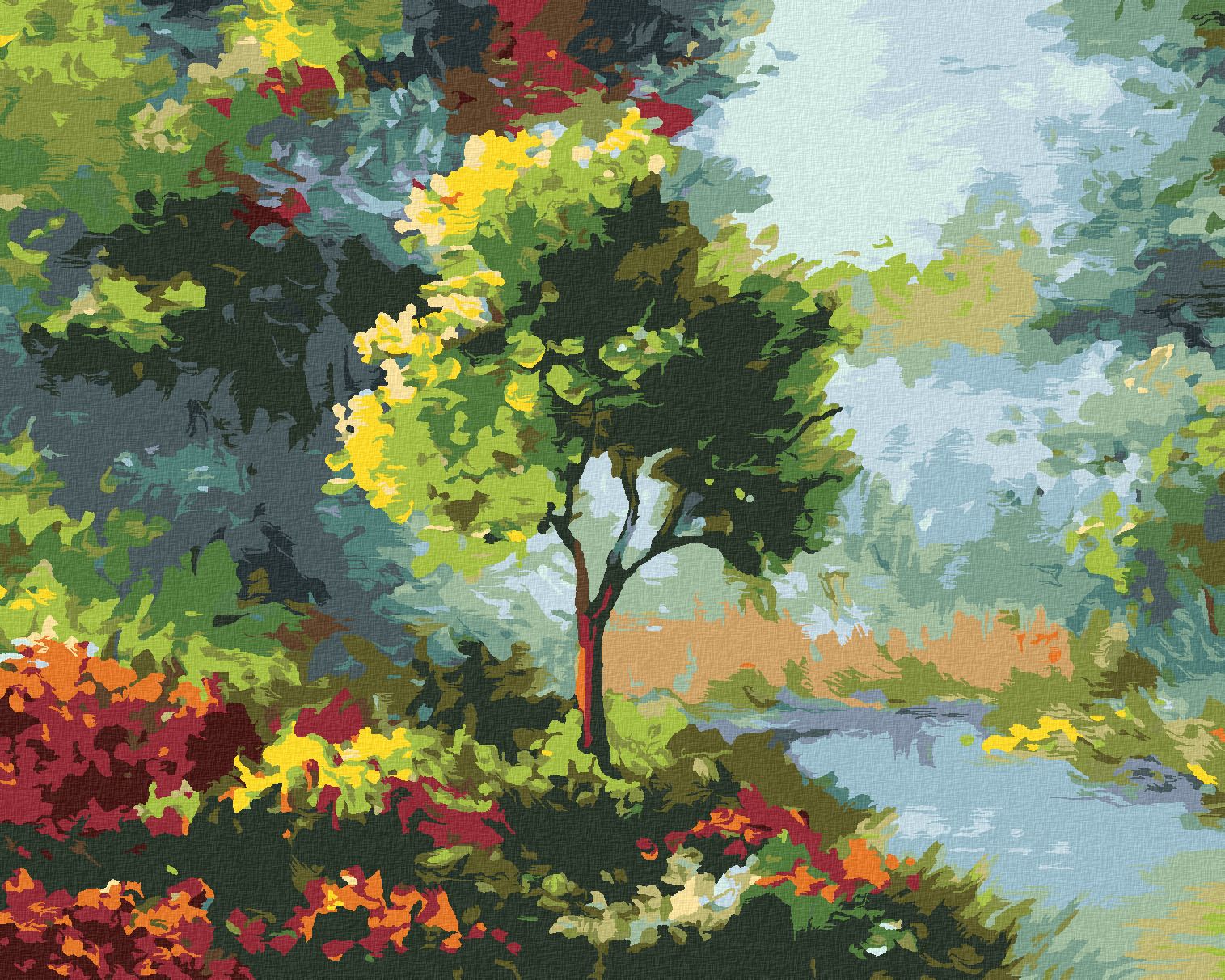 zuty Malování podle čísel - STROM MEZI KVĚTINAMI U ŘEKY - Rozměr: 40x50 cm, Rámování: Varianta: bez rámu a bez vypnutí plátna - obrázek 1
