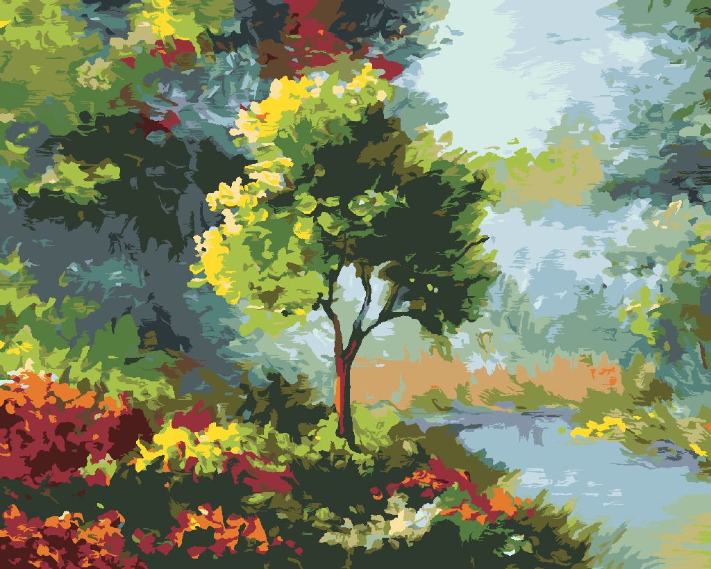 zuty Malování podle čísel - STROM MEZI KVĚTINAMI U ŘEKY - Rozměr: 40x50 cm, Rámování: Varianta: bez rámu a bez vypnutí plátna - obrázek 2