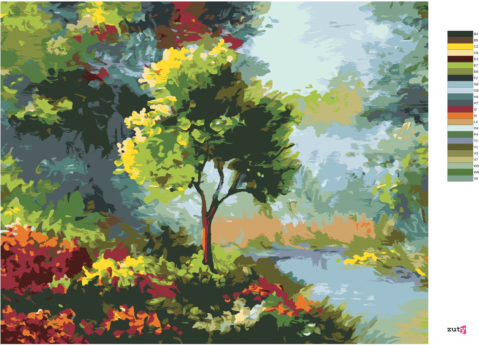 zuty Malování podle čísel - STROM MEZI KVĚTINAMI U ŘEKY - Rozměr: 40x50 cm, Rámování: Varianta: bez rámu a bez vypnutí plátna - obrázek 4