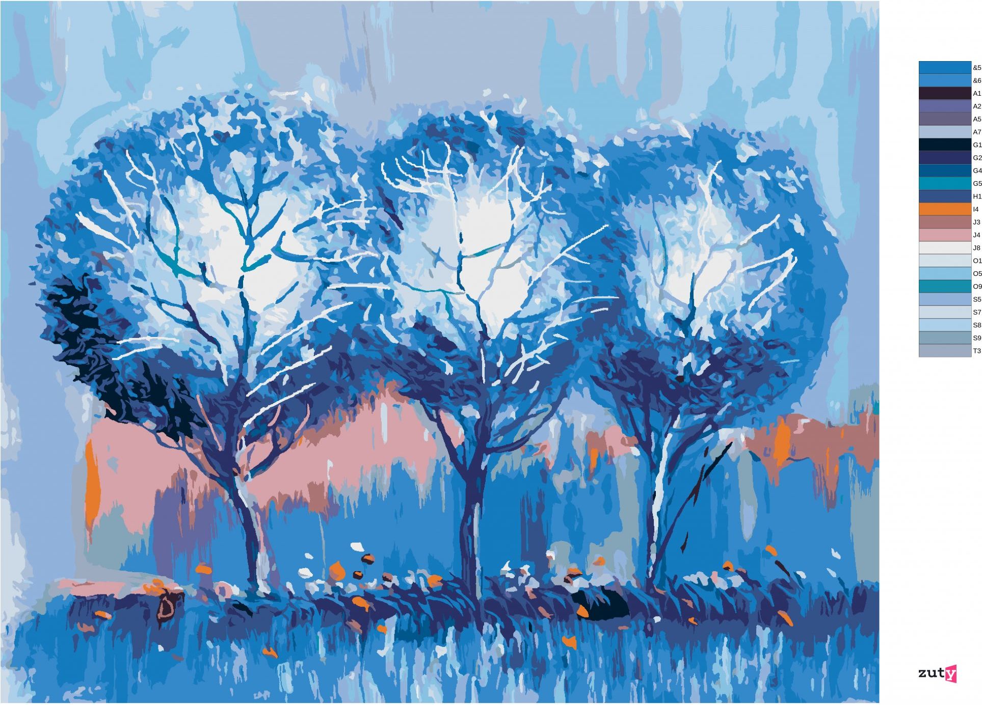 zuty Malování podle čísel - MODRÉ STROMY - Rozměr: 40x50 cm, Rámování: Varianta: vypnuté plátno na rám - obrázek 5