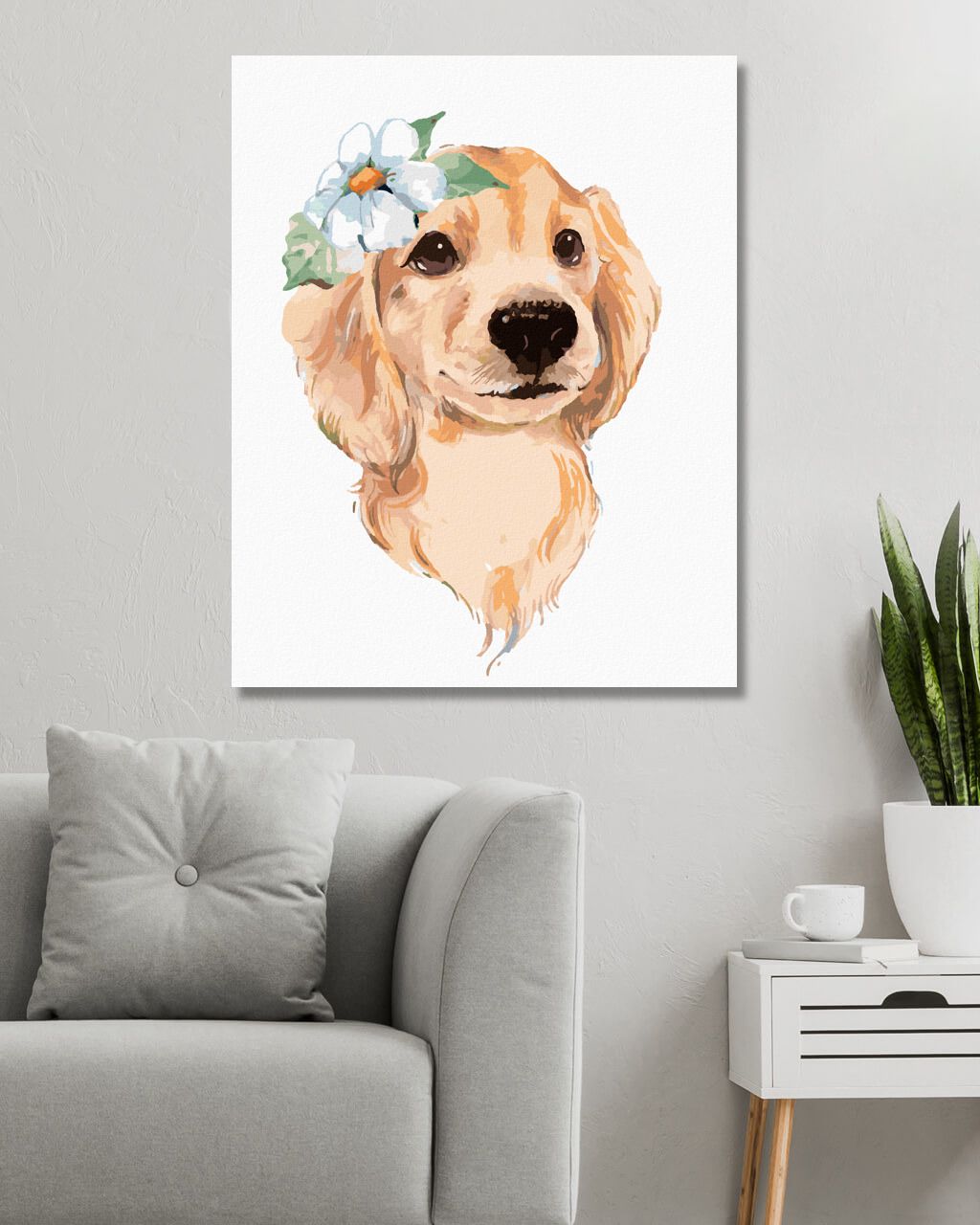 zuty Malování podle čísel - ROZTOMILÝ PES A BÍLÁ KVĚTINA - Rozměr: 40x50 cm, Rámování: Varianta: vypnuté plátno na rám - obrázek 3