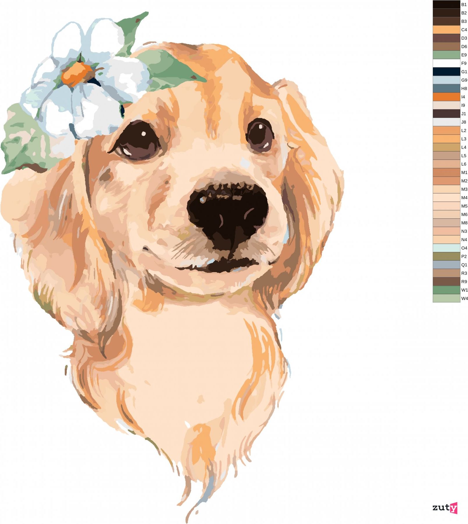 zuty Malování podle čísel - ROZTOMILÝ PES A BÍLÁ KVĚTINA - Rozměr: 40x50 cm, Rámování: Varianta: vypnuté plátno na rám - obrázek 5