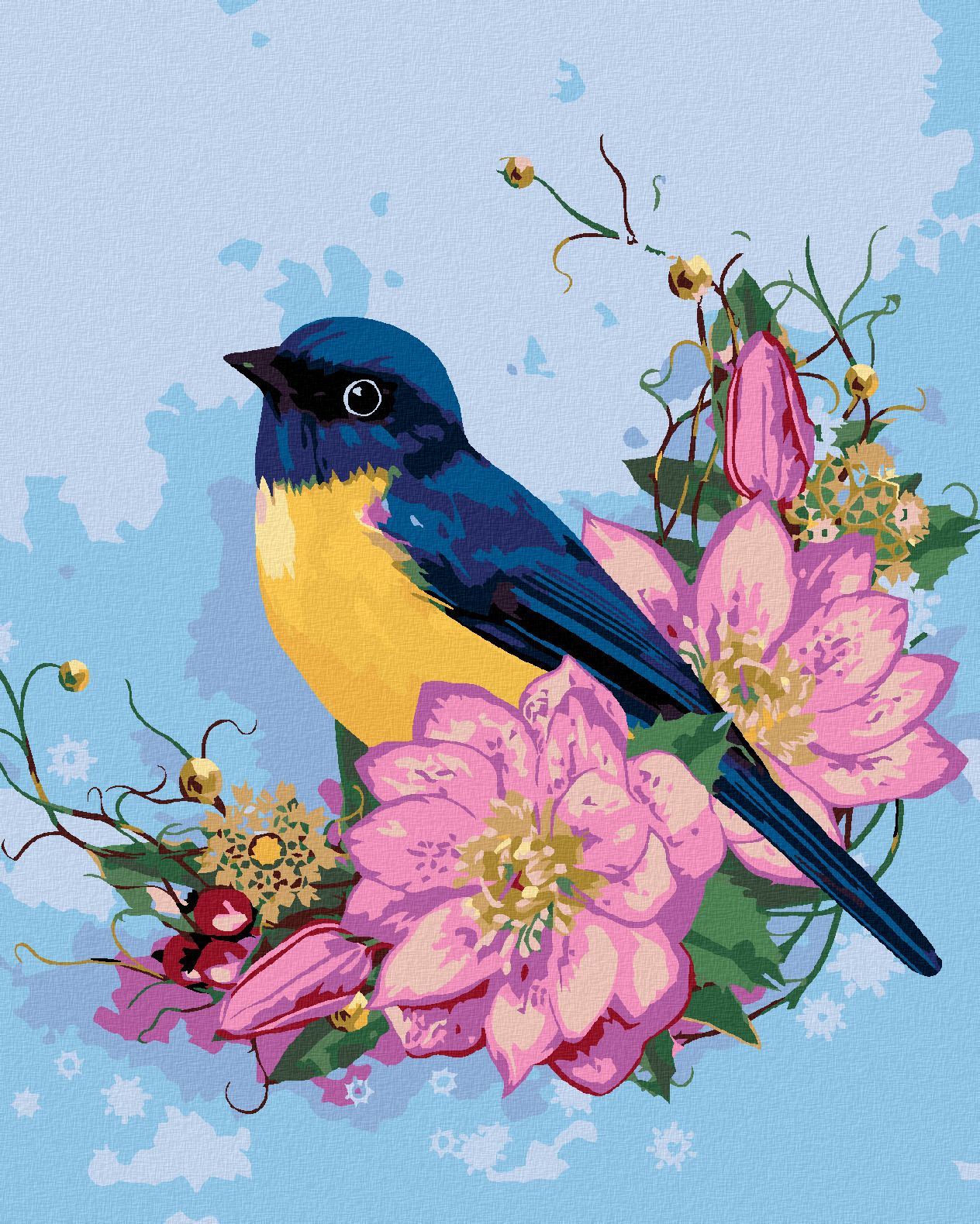 zuty Malování podle čísel - MODRÝ PTÁK A RŮŽOVÉ KVĚTY - Rozměr: 40x50 cm, Rámování: Varianta: vypnuté plátno na rám - obrázek 1