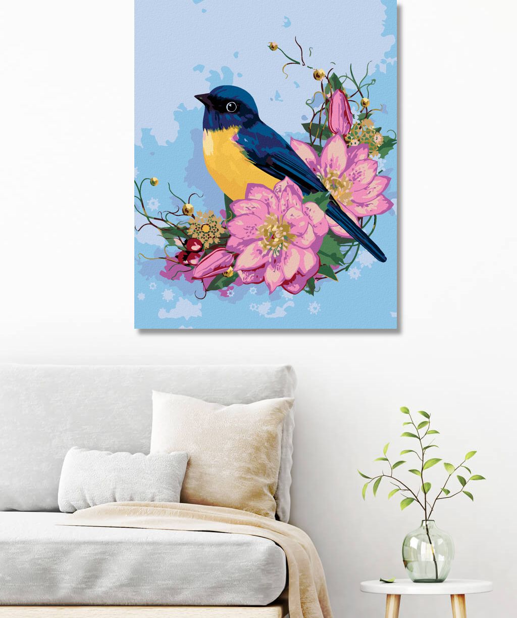 zuty Malování podle čísel - MODRÝ PTÁK A RŮŽOVÉ KVĚTY - Rozměr: 40x50 cm, Rámování: Varianta: vypnuté plátno na rám - obrázek 6