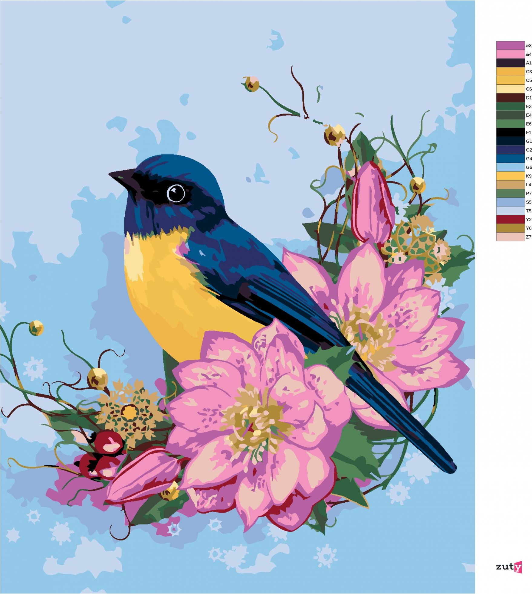 zuty Malování podle čísel - MODRÝ PTÁK A RŮŽOVÉ KVĚTY - Rozměr: 40x50 cm, Rámování: Varianta: vypnuté plátno na rám - obrázek 10