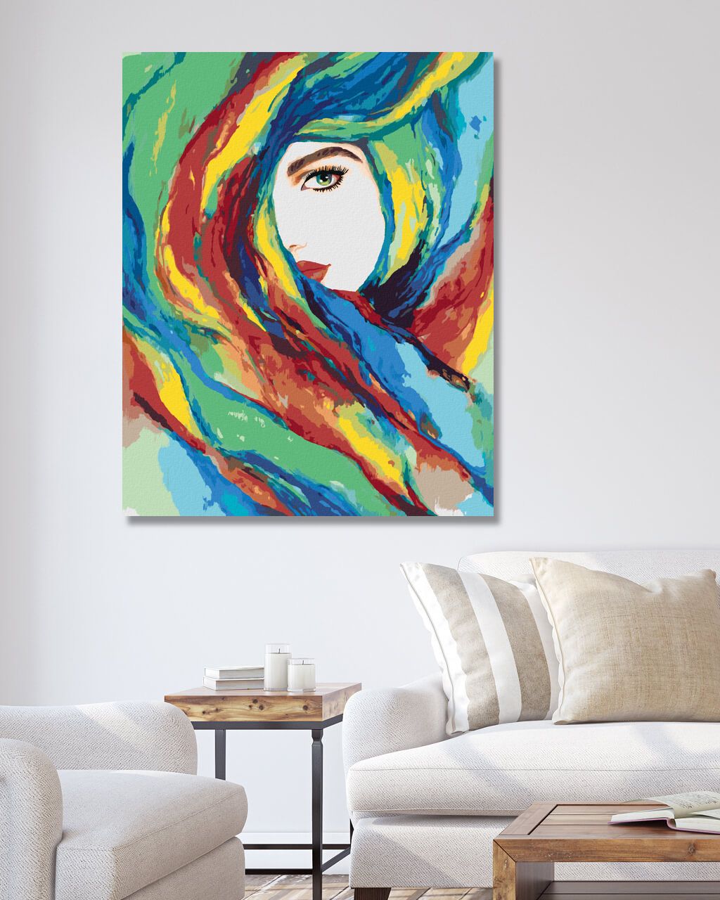zuty Malování podle čísel - ŽENA A BAREVNÁ ABSTRAKCE - Rozměr: 40x50 cm, Rámování: Varianta: vypnuté plátno na rám - obrázek 2