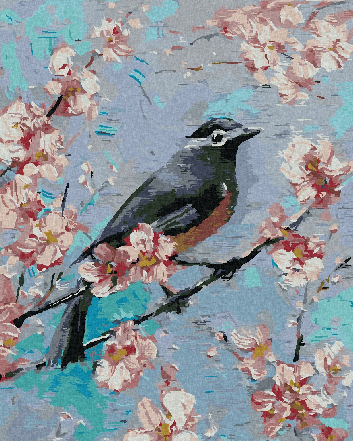 zuty Malování podle čísel - PTÁČEK NA TŘEŠNI - Rozměr: 40x50 cm, Rámování: Varianta: bez rámu a bez vypnutí plátna - obrázek 1