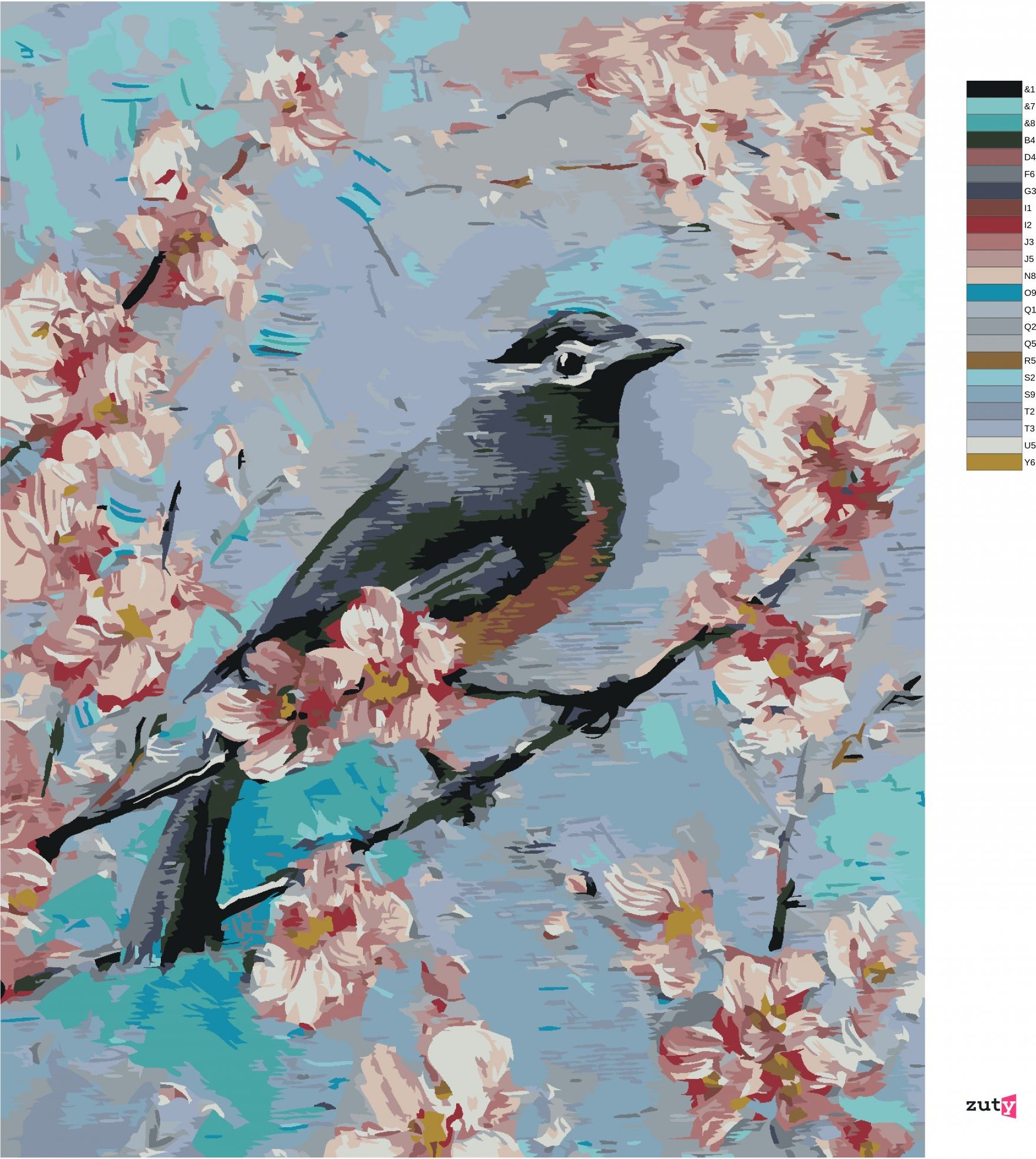 zuty Malování podle čísel - PTÁČEK NA TŘEŠNI - Rozměr: 40x50 cm, Rámování: Varianta: bez rámu a bez vypnutí plátna - obrázek 2