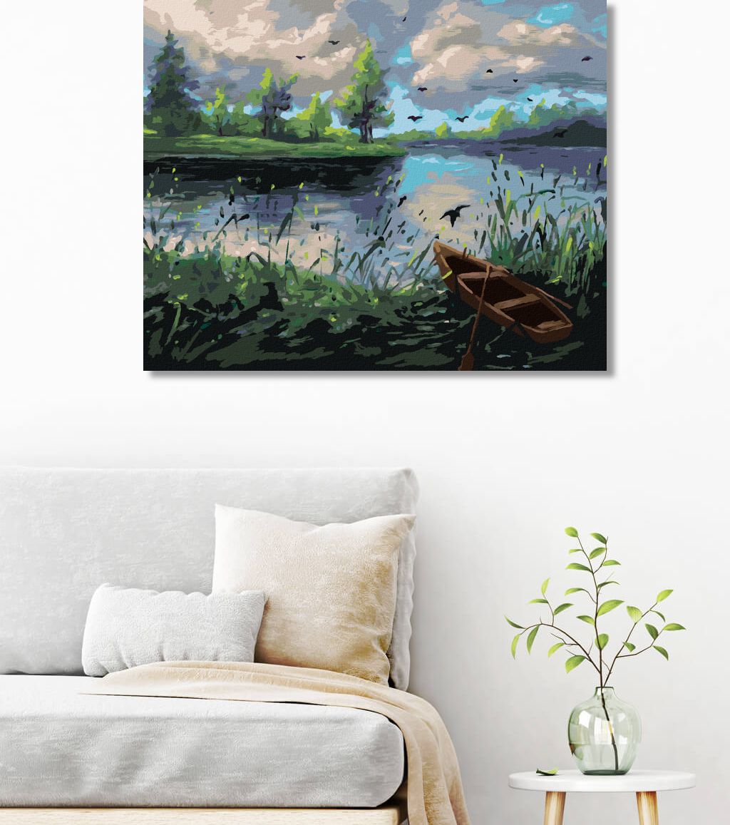 zuty Malování podle čísel - LESNÍ KRAJINA S LOĎKOU - Rozměr: 40x50 cm, Rámování: Varianta: bez rámu a bez vypnutí plátna - obrázek 2