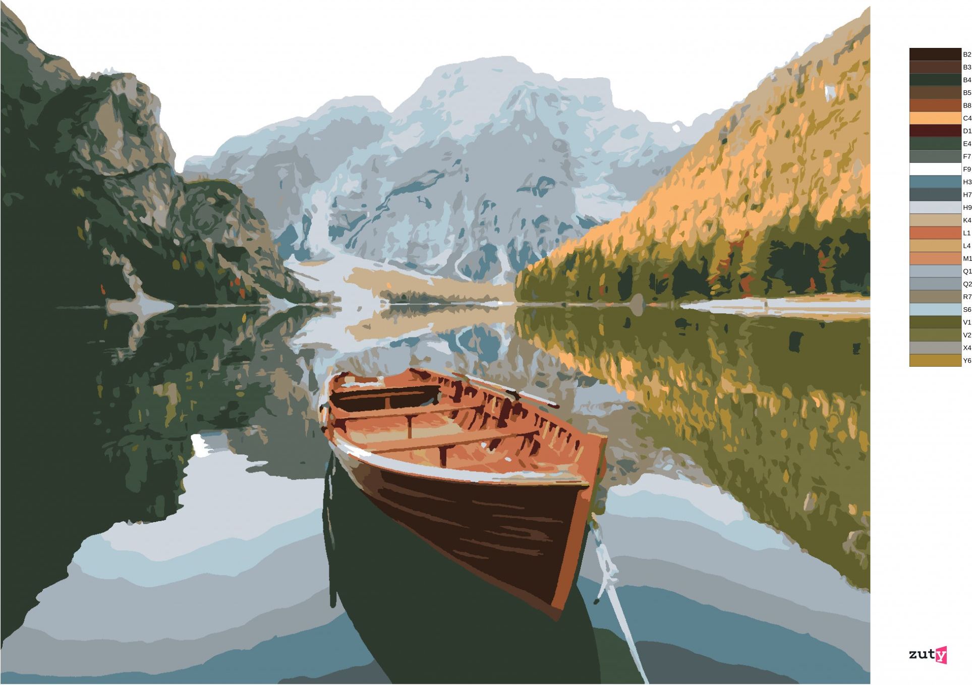zuty Malování podle čísel - DŘEVĚNÁ LOĎKA NA JEZEŘE - Rozměr: 40x50 cm, Rámování: Varianta: bez rámu a bez vypnutí plátna - obrázek 5