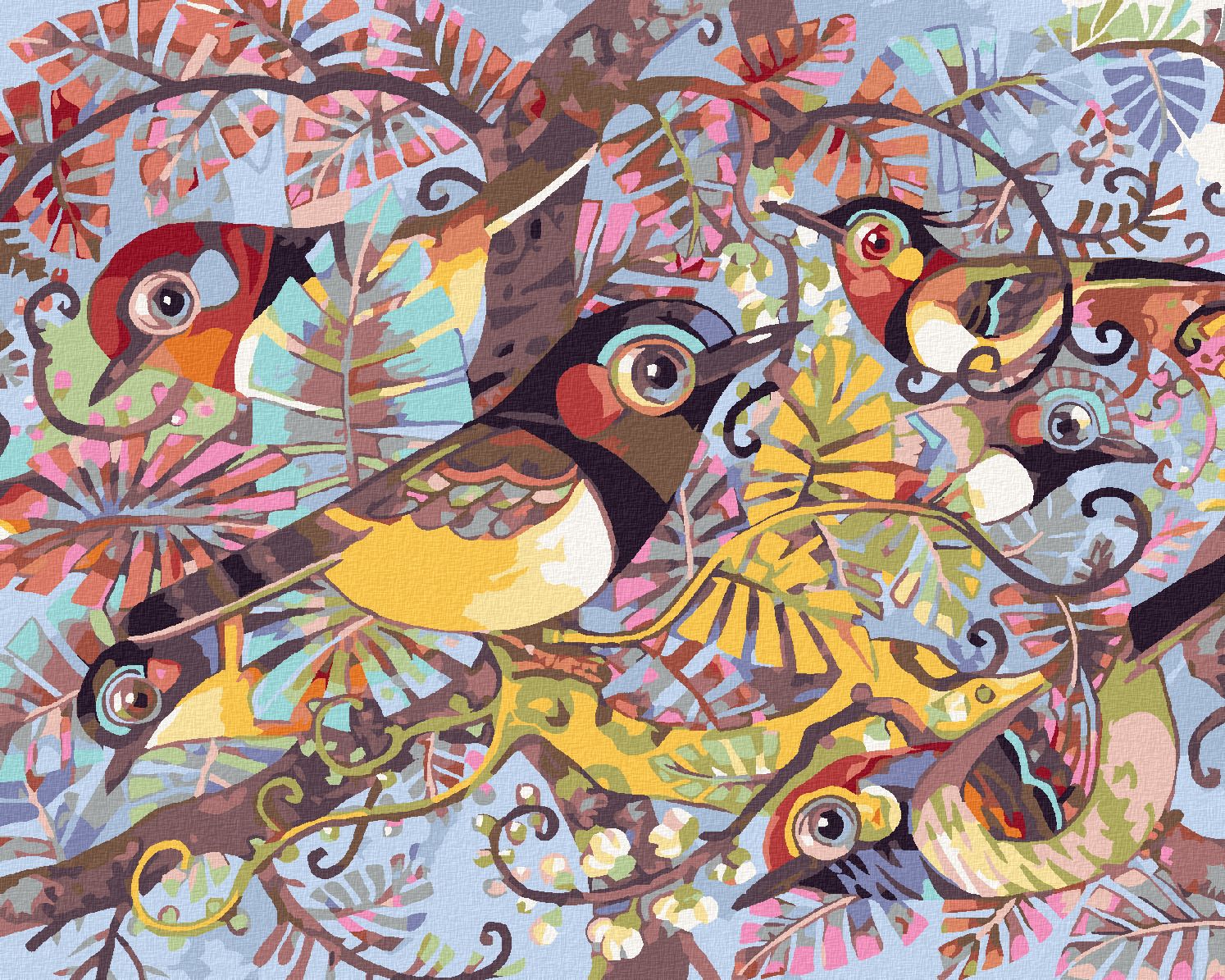 zuty Malování podle čísel - MALOVANÍ PTÁCI VE VĚTVÍCH - Rozměr: 40x50 cm, Rámování: Varianta: bez rámu a bez vypnutí plátna - obrázek 1