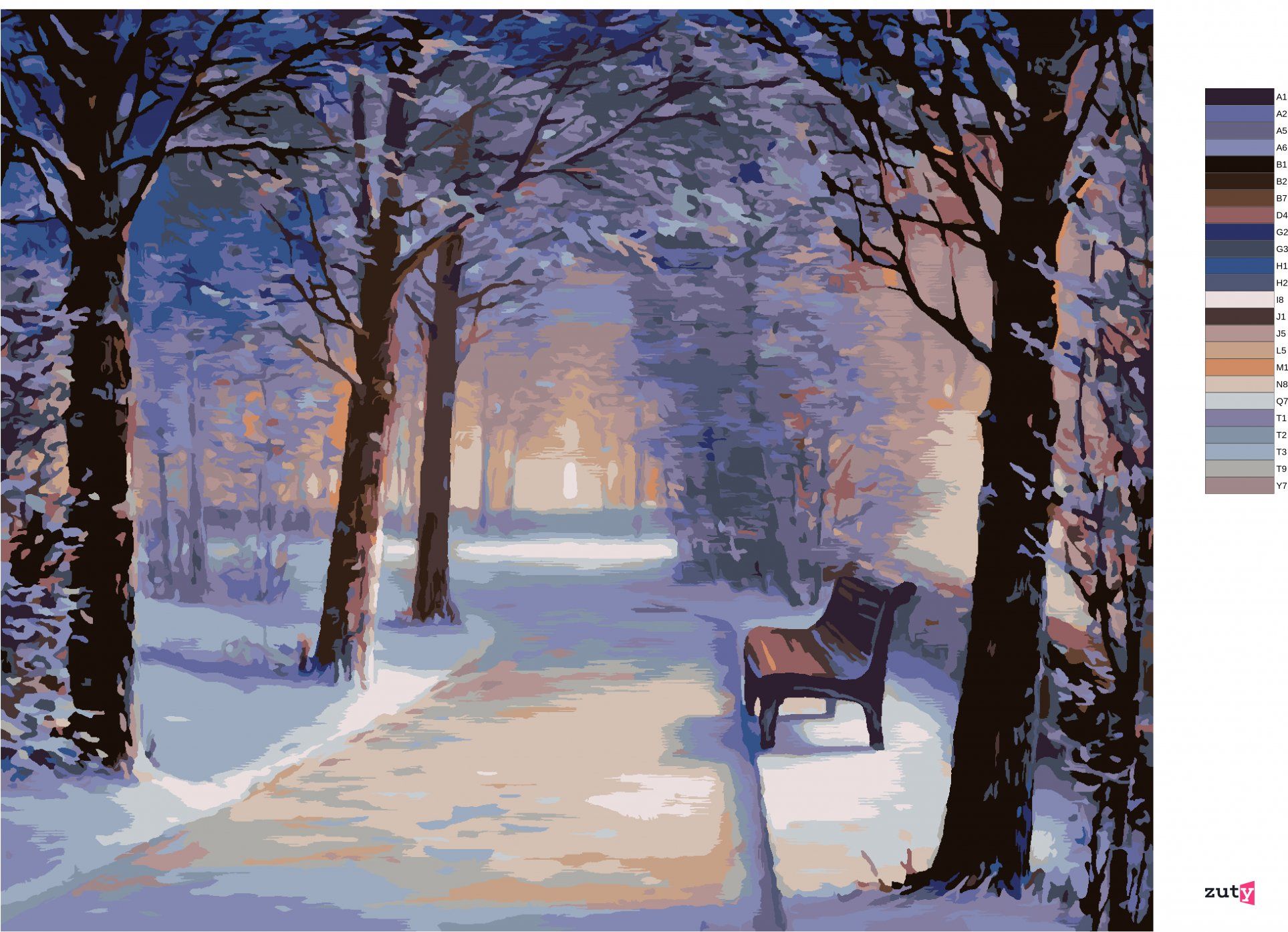 zuty Malování podle čísel - LAVIČKA V ZASNĚŽENÉM PARKU - Rozměr: 40x50 cm, Rámování: Varianta: vypnuté plátno na rám - obrázek 2