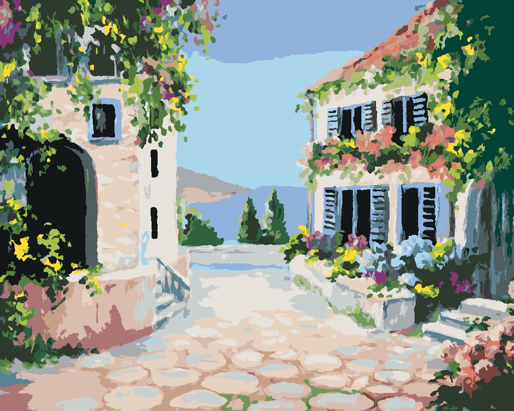 zuty Malování podle čísel - KVĚTINOVÝ DŮM U MOŘE - Rozměr: 40x50 cm, Rámování: Varianta: vypnuté plátno na rám - obrázek 2