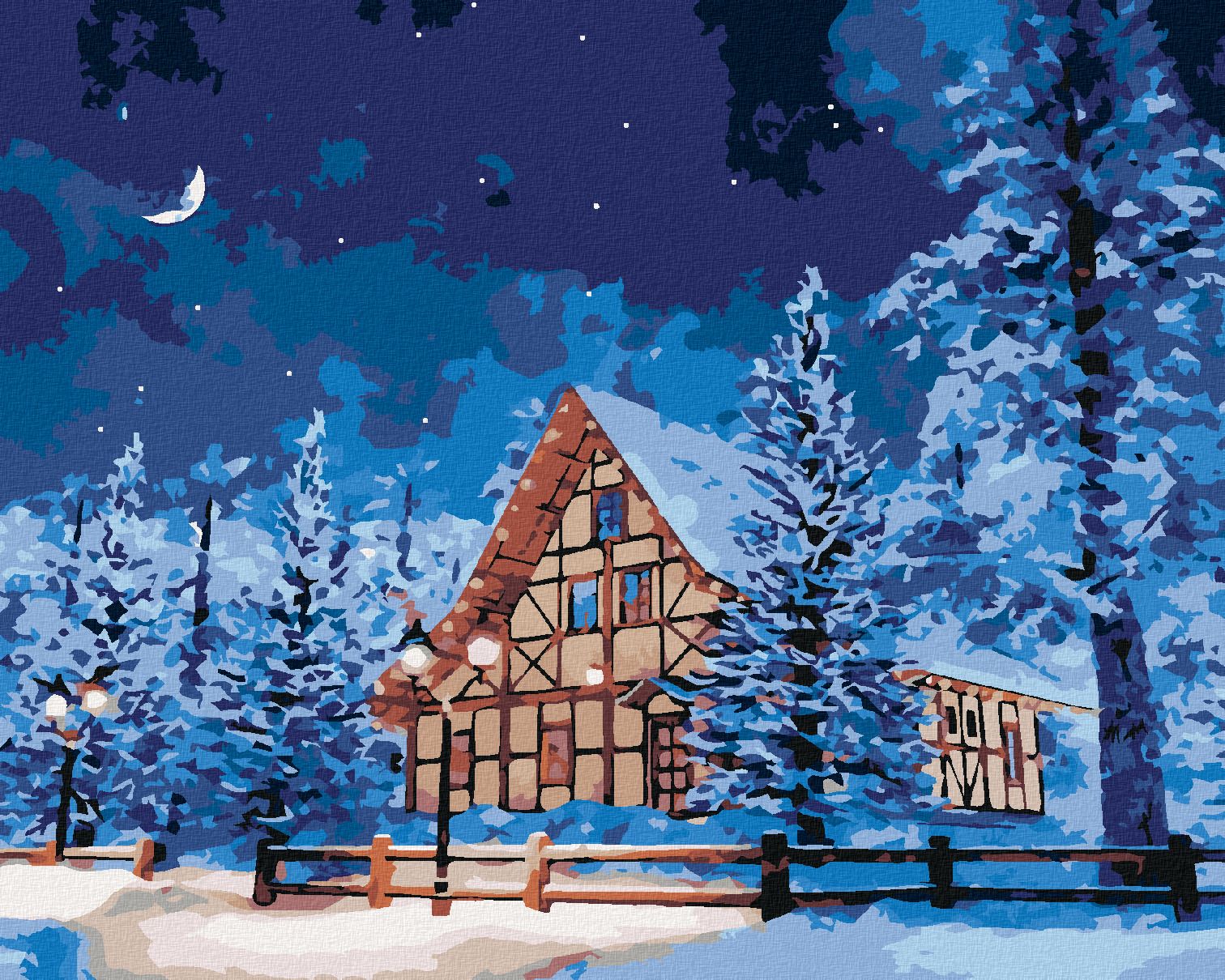 zuty Malování podle čísel - ZASNĚŽENÝ SRUB NA HORÁCH - Rozměr: 40x50 cm, Rámování: Varianta: vypnuté plátno na rám - obrázek 1