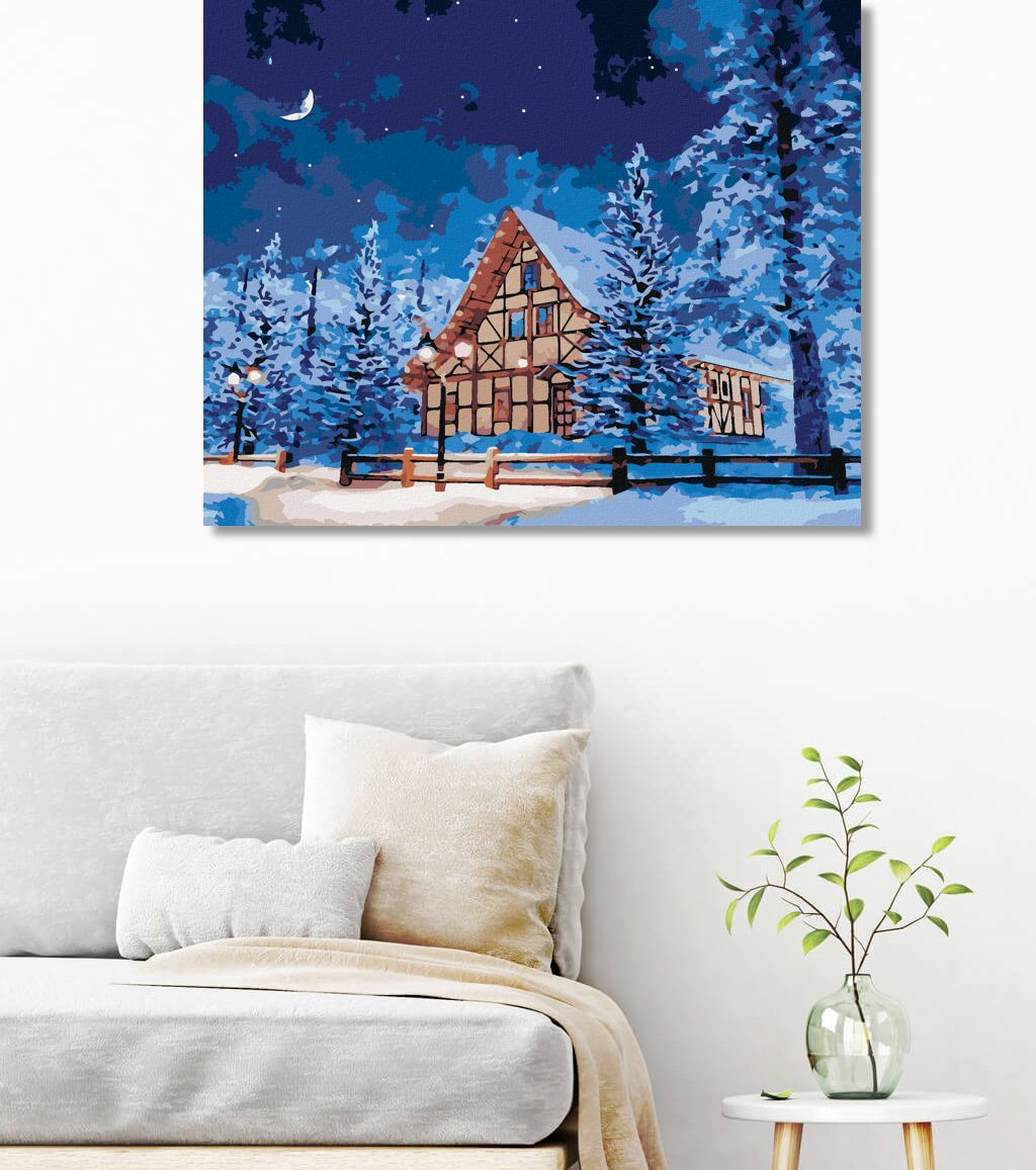 zuty Malování podle čísel - ZASNĚŽENÝ SRUB NA HORÁCH - Rozměr: 40x50 cm, Rámování: Varianta: vypnuté plátno na rám - obrázek 5