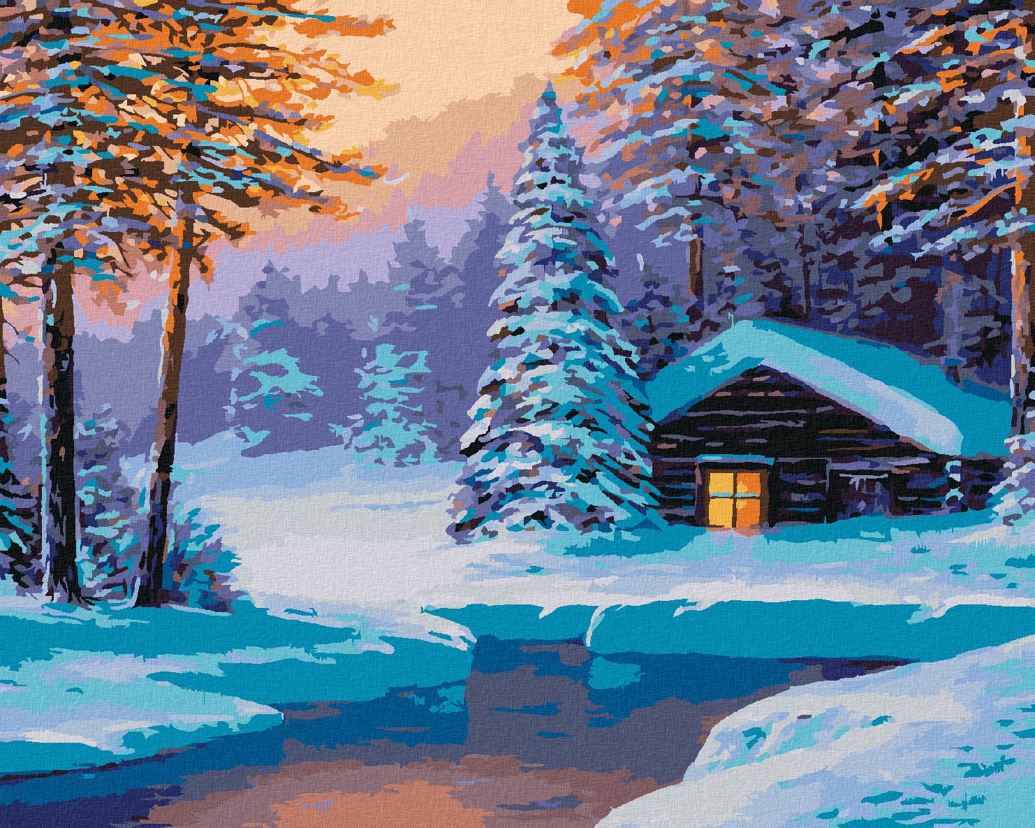 zuty Malování podle čísel - SRUB V ZASNĚŽENÉM LESE - Rozměr: 40x50 cm, Rámování: Varianta: vypnuté plátno na rám - obrázek 1