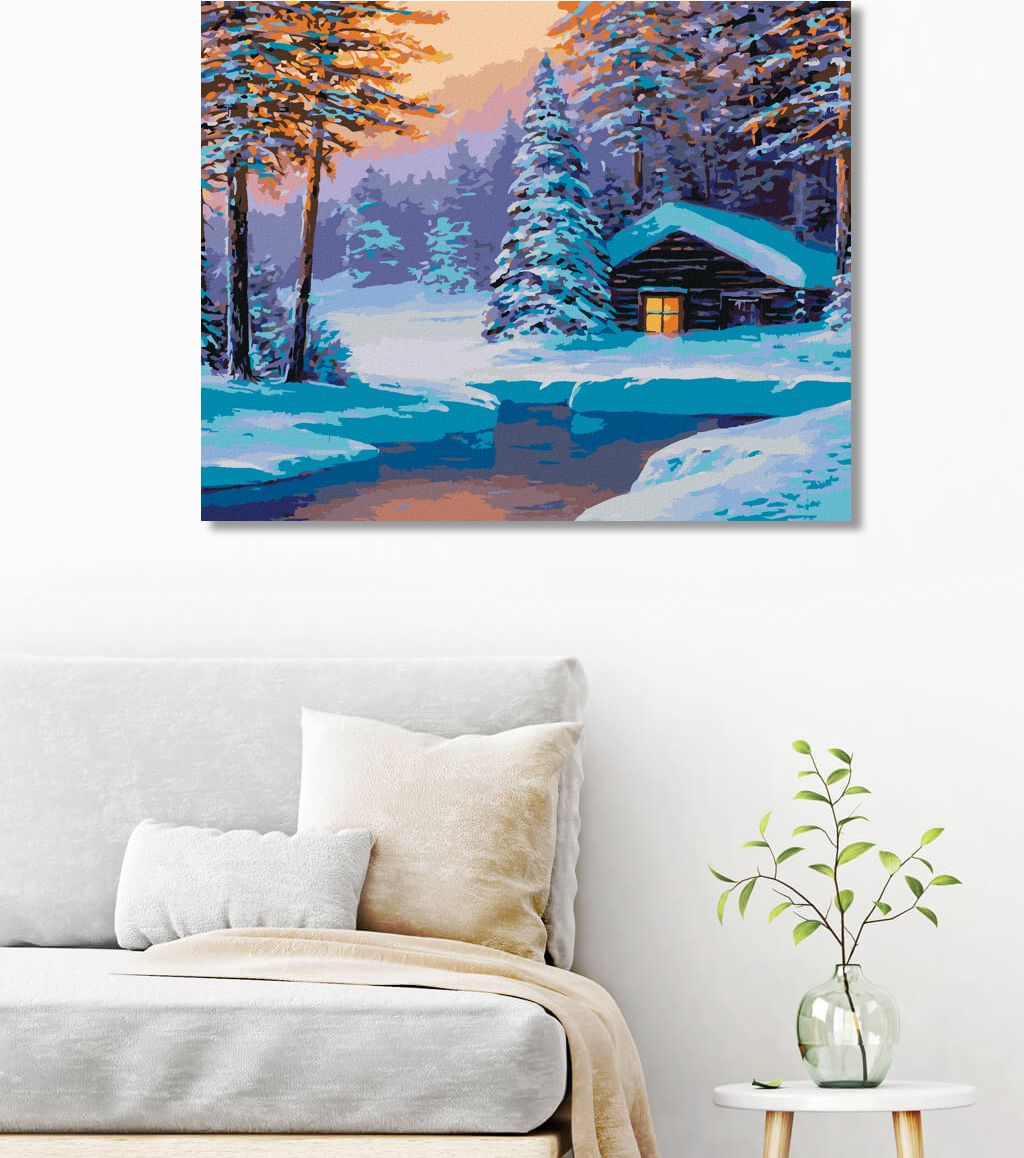 zuty Malování podle čísel - SRUB V ZASNĚŽENÉM LESE - Rozměr: 40x50 cm, Rámování: Varianta: vypnuté plátno na rám - obrázek 2