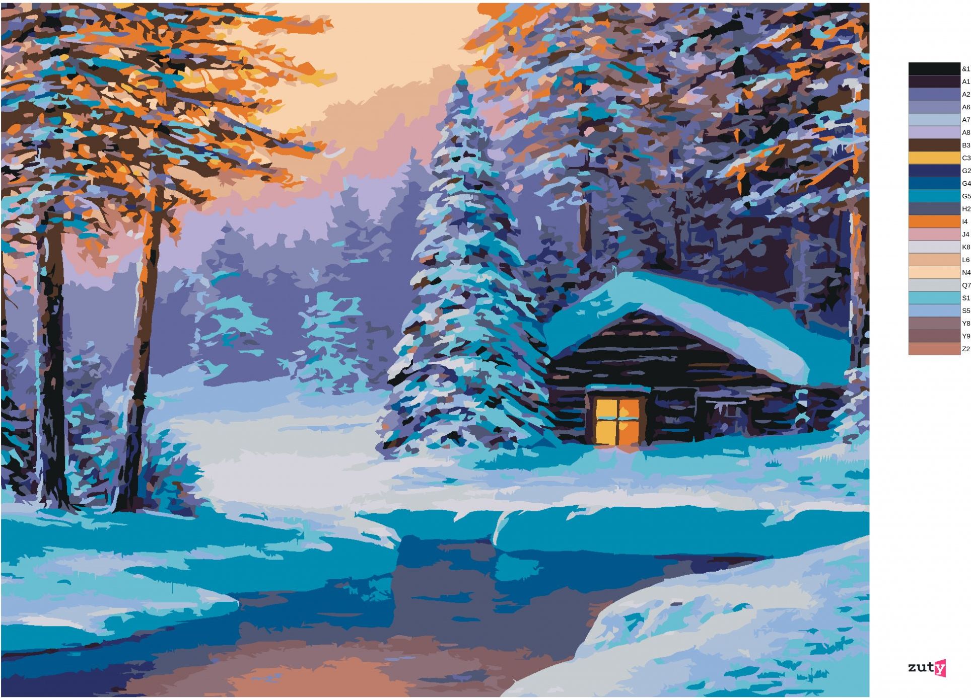 zuty Malování podle čísel - SRUB V ZASNĚŽENÉM LESE - Rozměr: 40x50 cm, Rámování: Varianta: vypnuté plátno na rám - obrázek 9