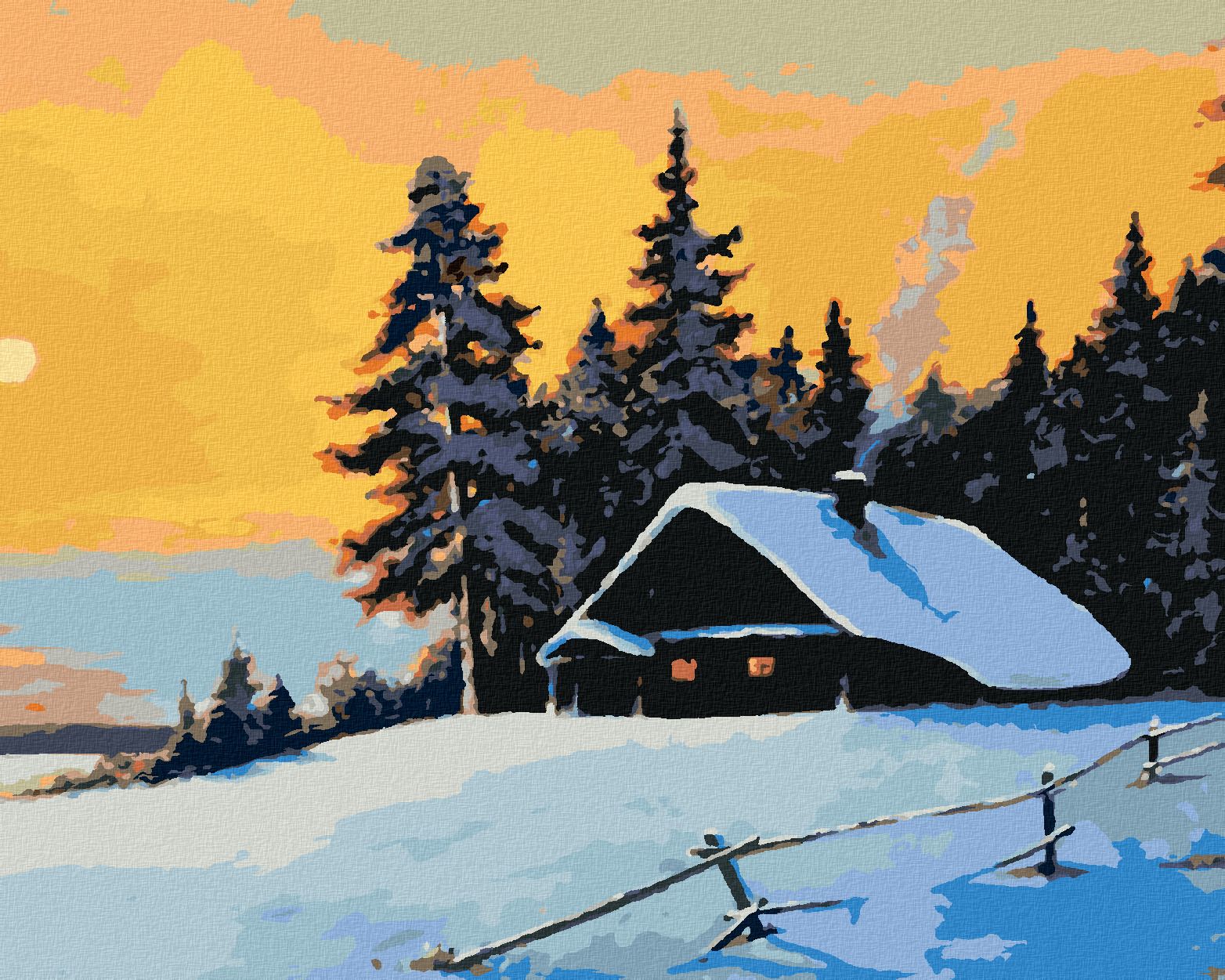 zuty Malování podle čísel - SRUB V ZIMNÍM LESE A ZÁPAD SLUNCE - Rozměr: 40x50 cm, Rámování: Varianta: bez rámu a bez vypnutí plátna - obrázek 1
