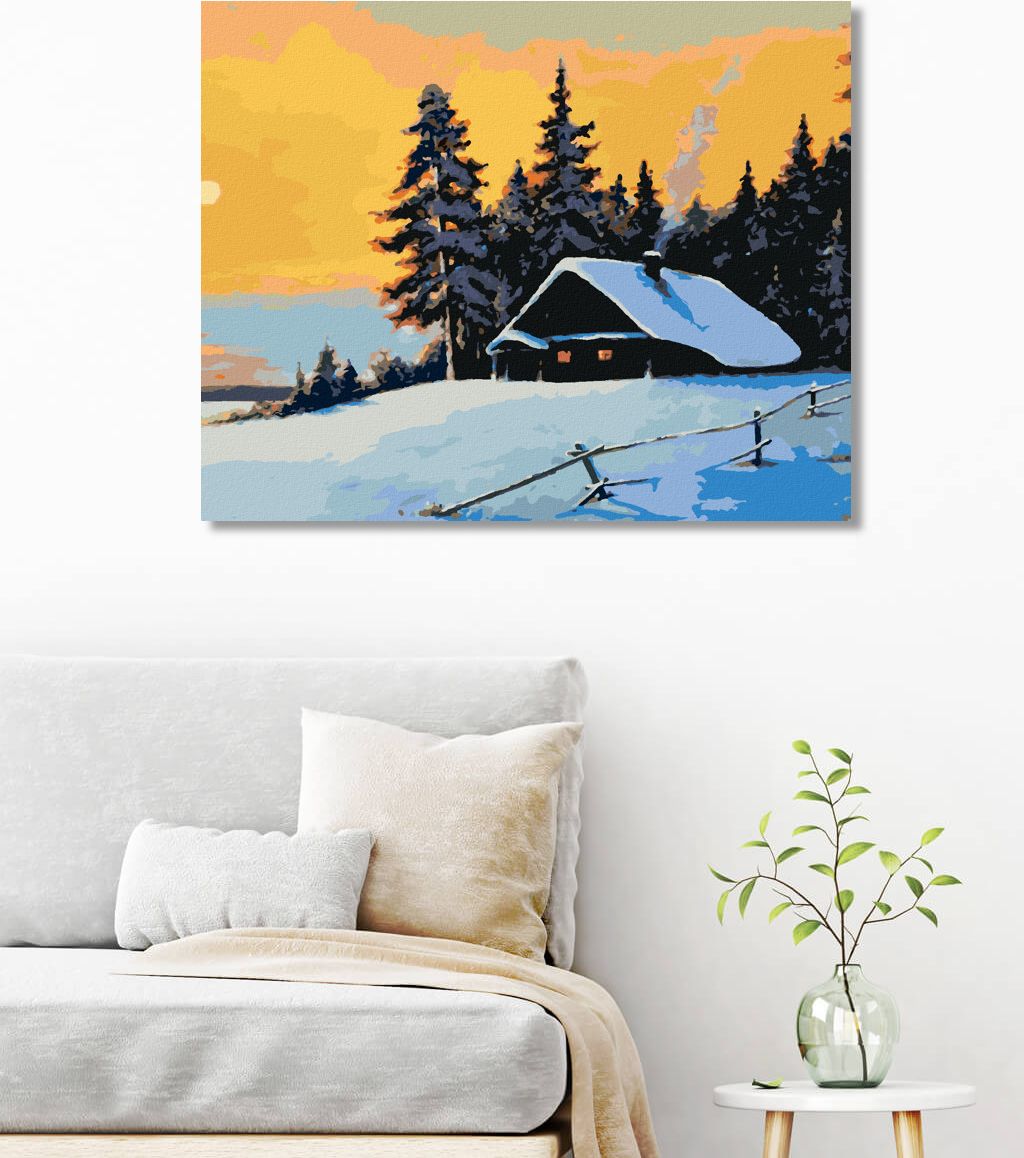 zuty Malování podle čísel - SRUB V ZIMNÍM LESE A ZÁPAD SLUNCE - Rozměr: 40x50 cm, Rámování: Varianta: bez rámu a bez vypnutí plátna - obrázek 3
