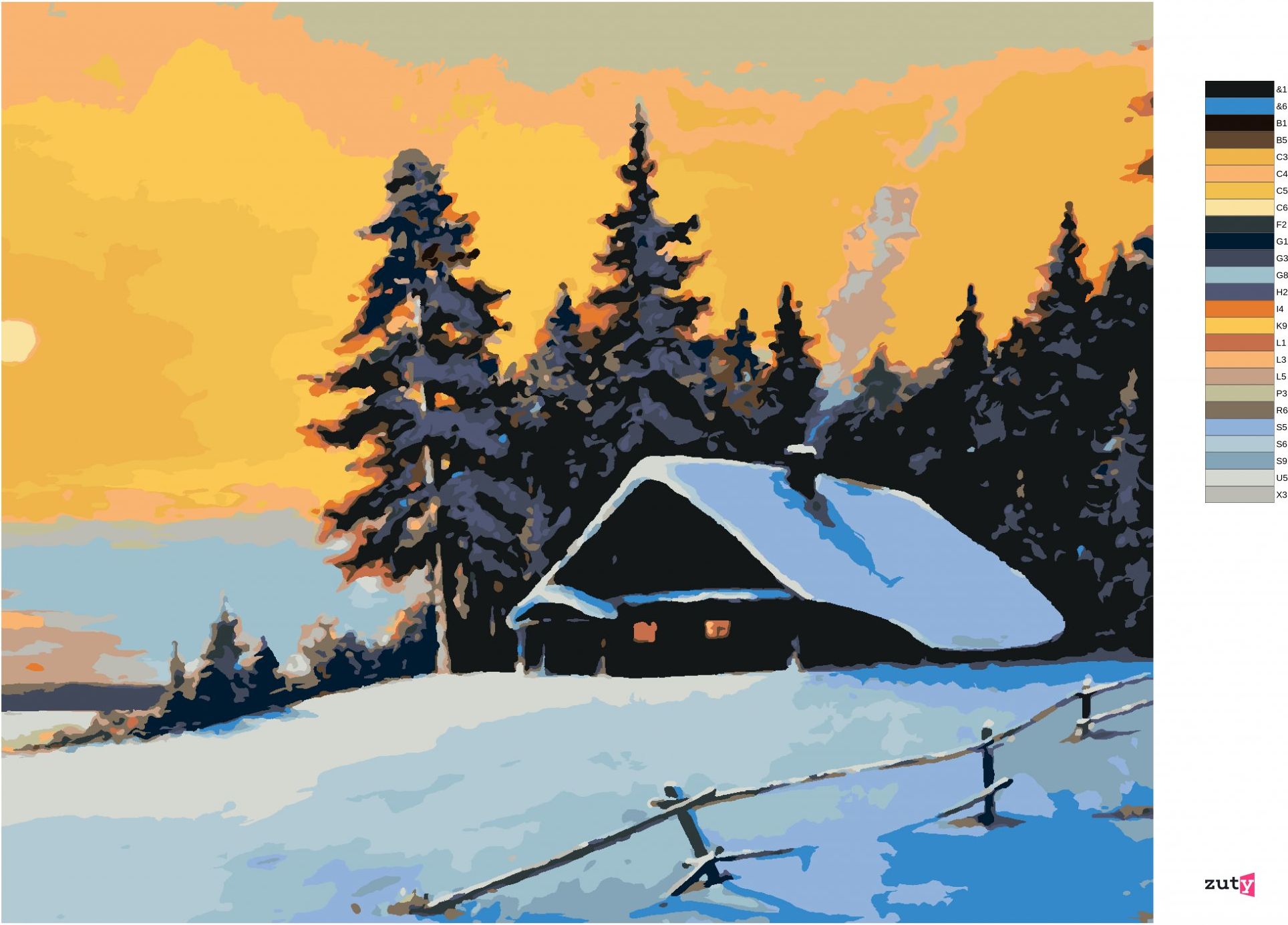 zuty Malování podle čísel - SRUB V ZIMNÍM LESE A ZÁPAD SLUNCE - Rozměr: 40x50 cm, Rámování: Varianta: bez rámu a bez vypnutí plátna - obrázek 4
