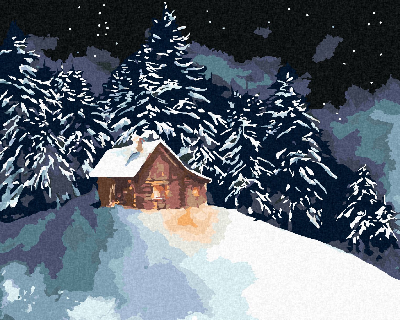 zuty Malování podle čísel - LESNÍ SRUB NA ZASNĚŽENÉM KOPEČKU - Rozměr: 40x50 cm, Rámování: Varianta: vypnuté plátno na rám - obrázek 1
