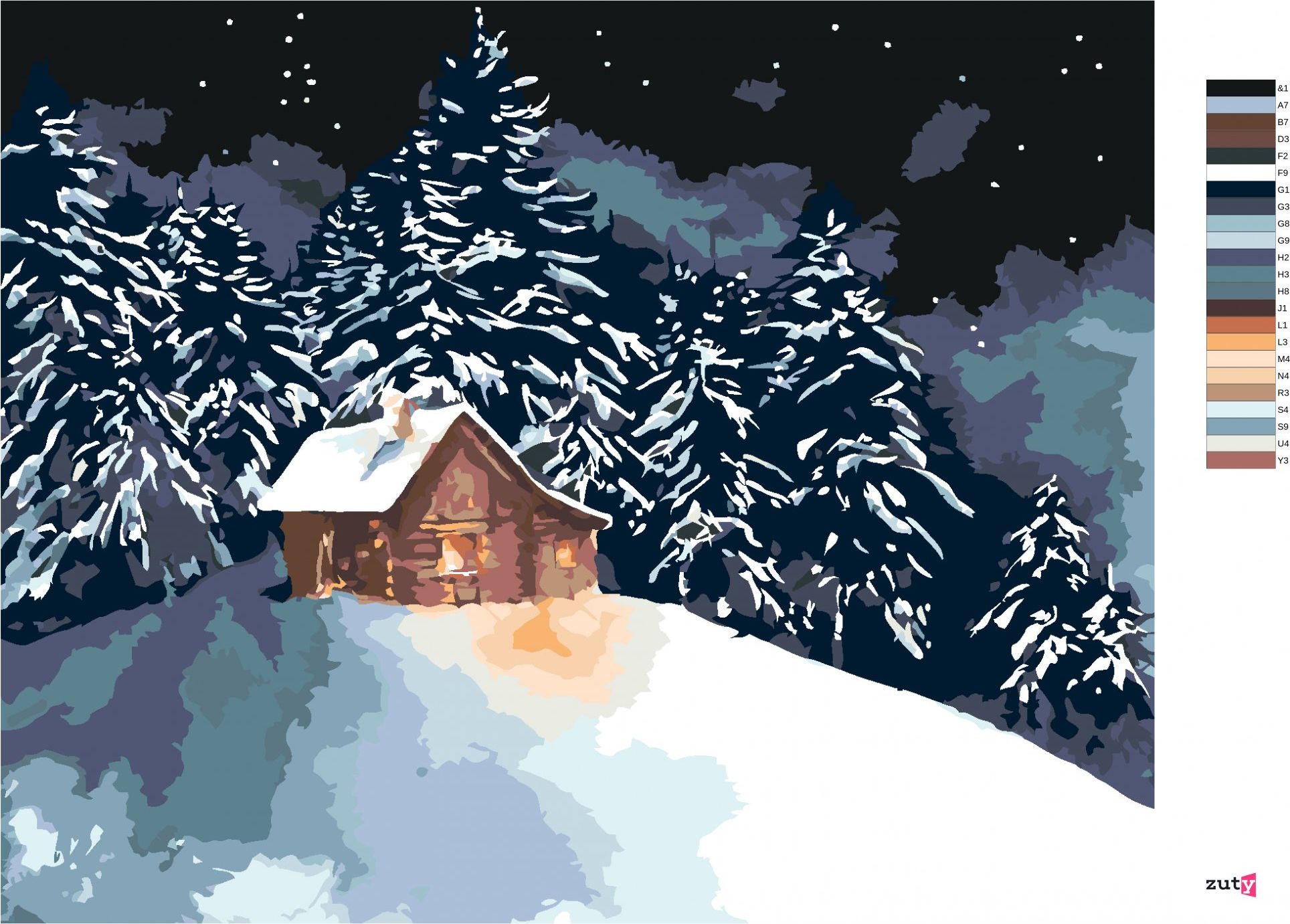 zuty Malování podle čísel - LESNÍ SRUB NA ZASNĚŽENÉM KOPEČKU - Rozměr: 40x50 cm, Rámování: Varianta: vypnuté plátno na rám - obrázek 7